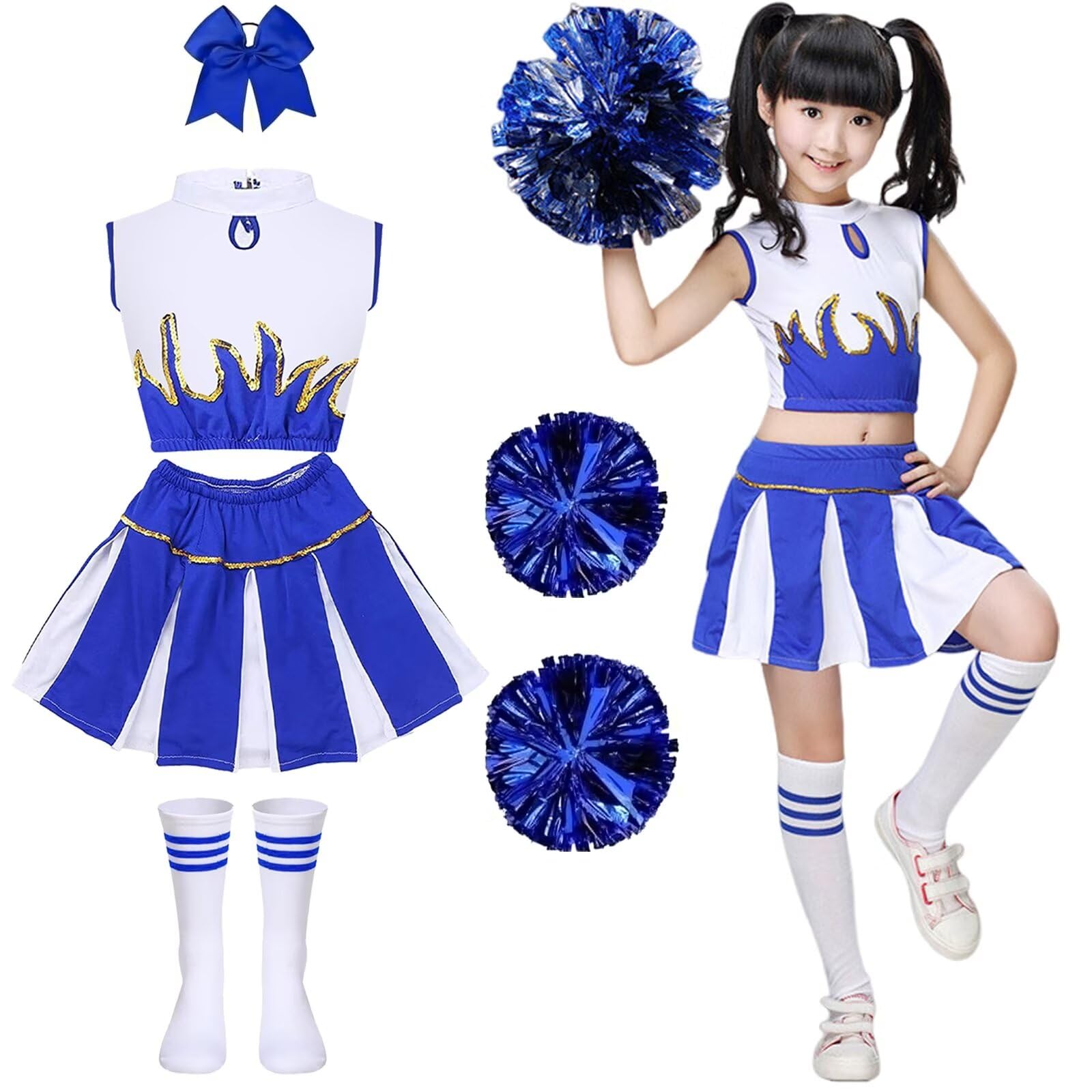 PIXUYE Girl Cheerleader Costume Children's Cheerleader Dress With Pom-Poms And Socks Uniform Carnival Costume Cosplay Masquerade Halloween Party Performance,Red 130cm
