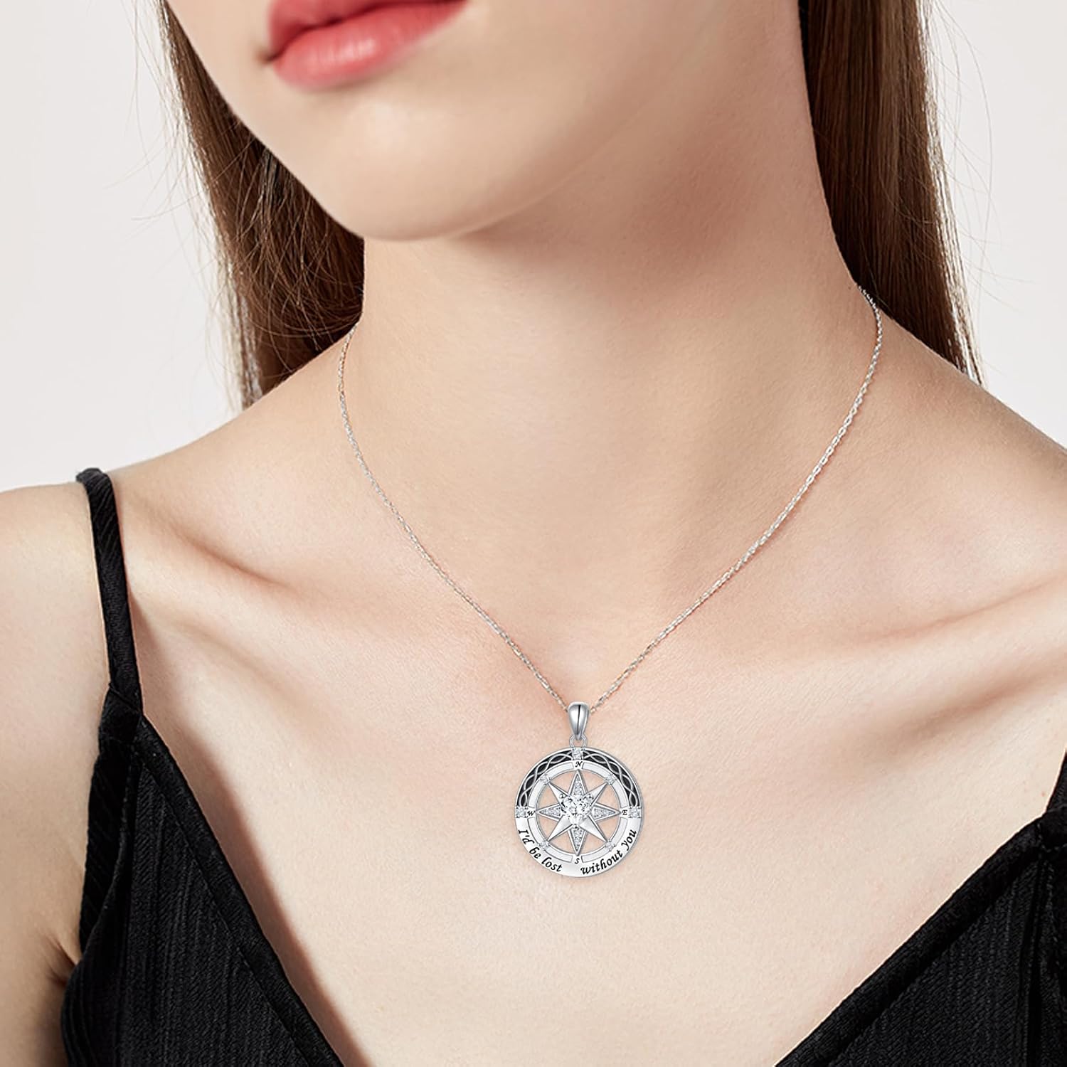 Ladytree Compass Necklace for Women 925 Sterling Silver Heart Cubic Zirconia Compass Pendant I'd be lost without you Jewelry Birthday Christmas Valentine's Day Gift for Wife Fiancée Her,18+2" - Image 3
