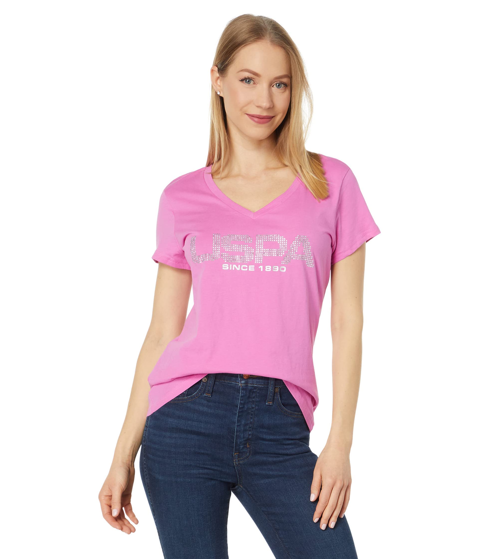 U.S. POLO ASSN.USPA Stud V-Neck Graphic Tee, Pink Pizazz, Large