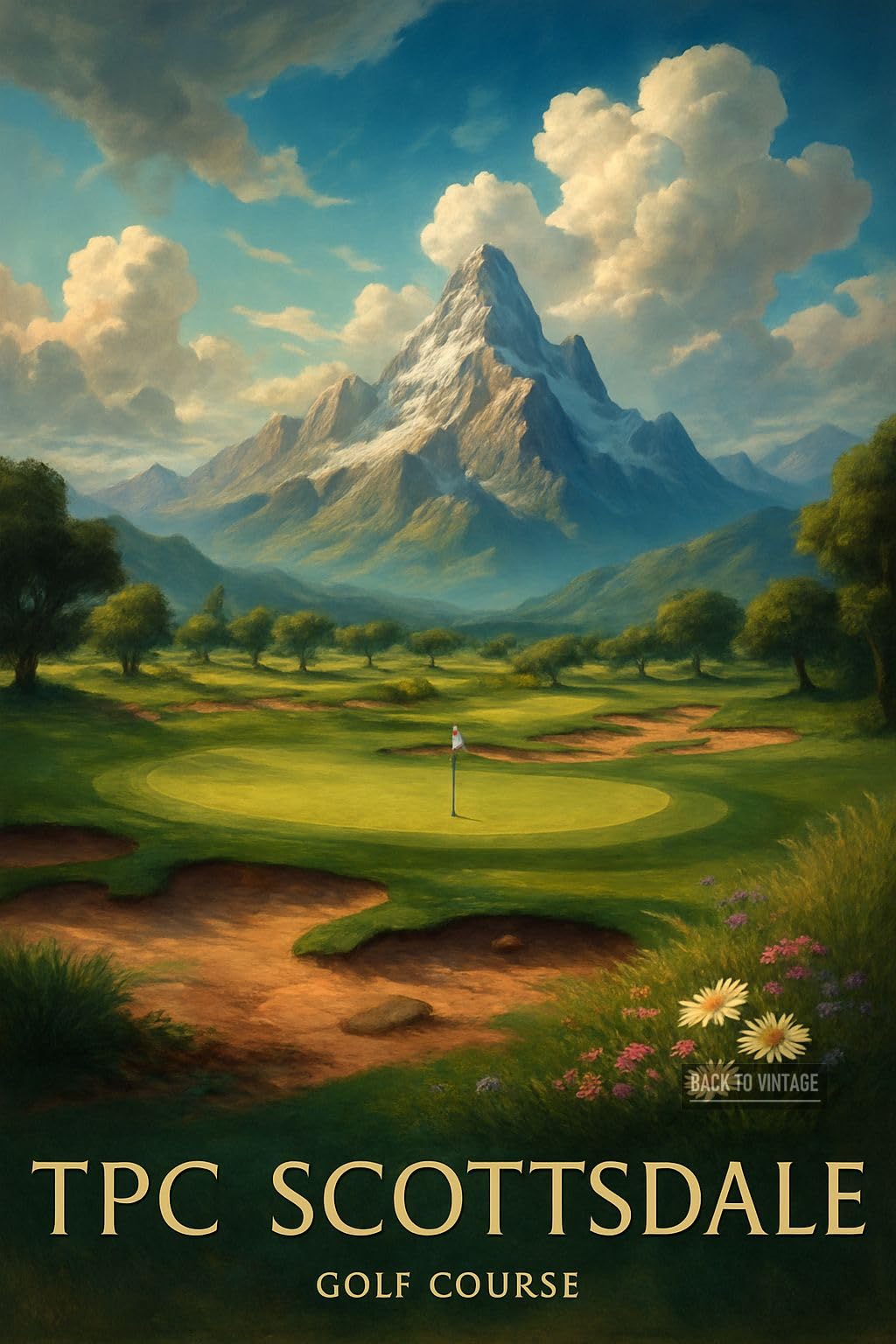 BACK TO VINTAGE Serene Digital Painting Of TPC Scottsdale Golf Course - A4 Travel City Poster Wall Art Home Decor Art Print with Iconic Landmarks and Global Views for Culture Inspired