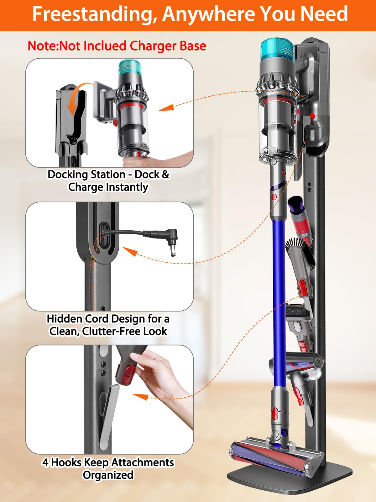 Vacuum Stand for Dyson V16 Gen5 V15 V12 V11 V10 V8 V7 V6 – Stable Metal Holder w/Hidden Cord Management & 4 Hooks, Storage Rack for Dyson Cordless Vacuum & Accessories, Easy Assembly, Dark Gray thumbnail 6