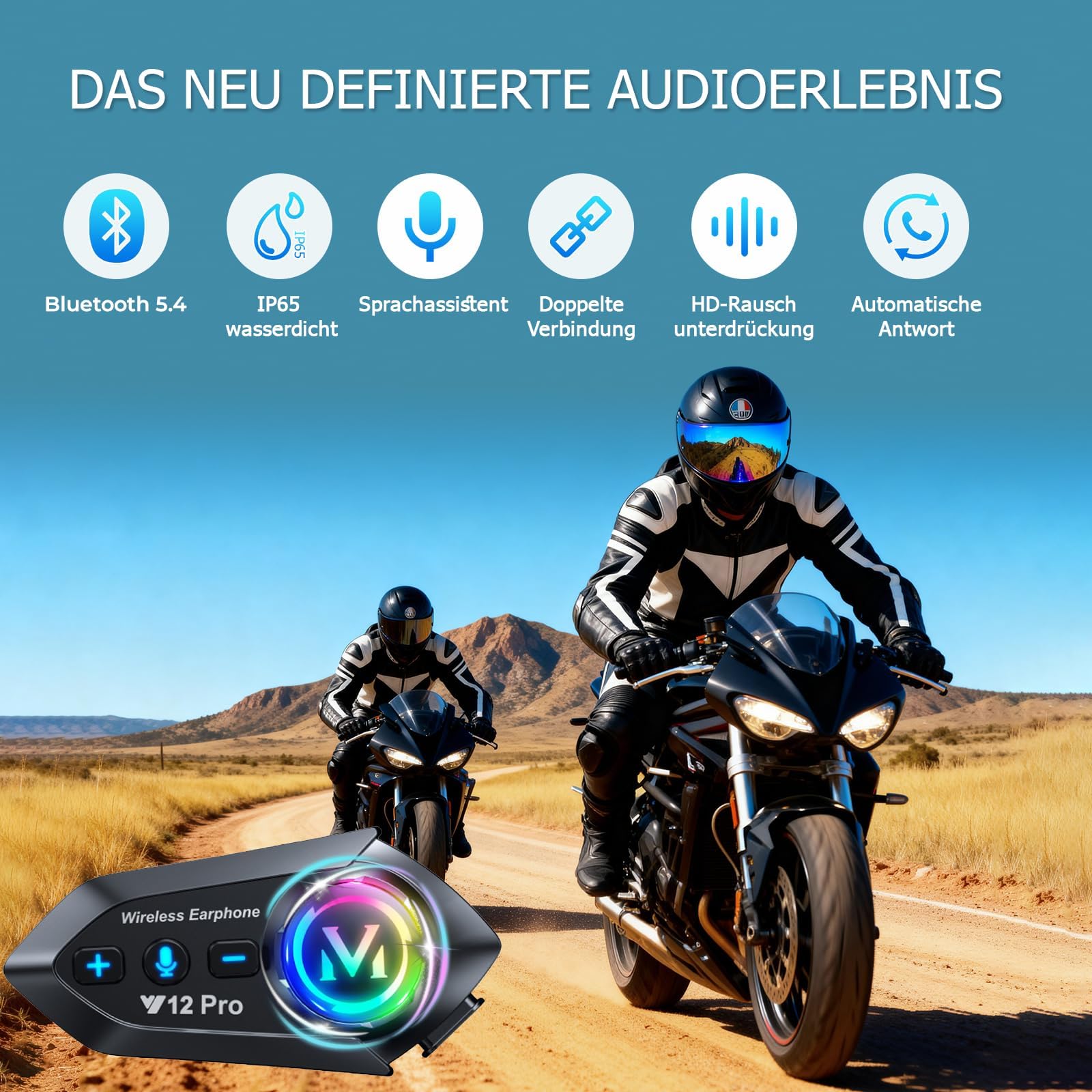 Intercom - Cuffie da moto per 2 persone, sistema di comunicazione Bluetooth