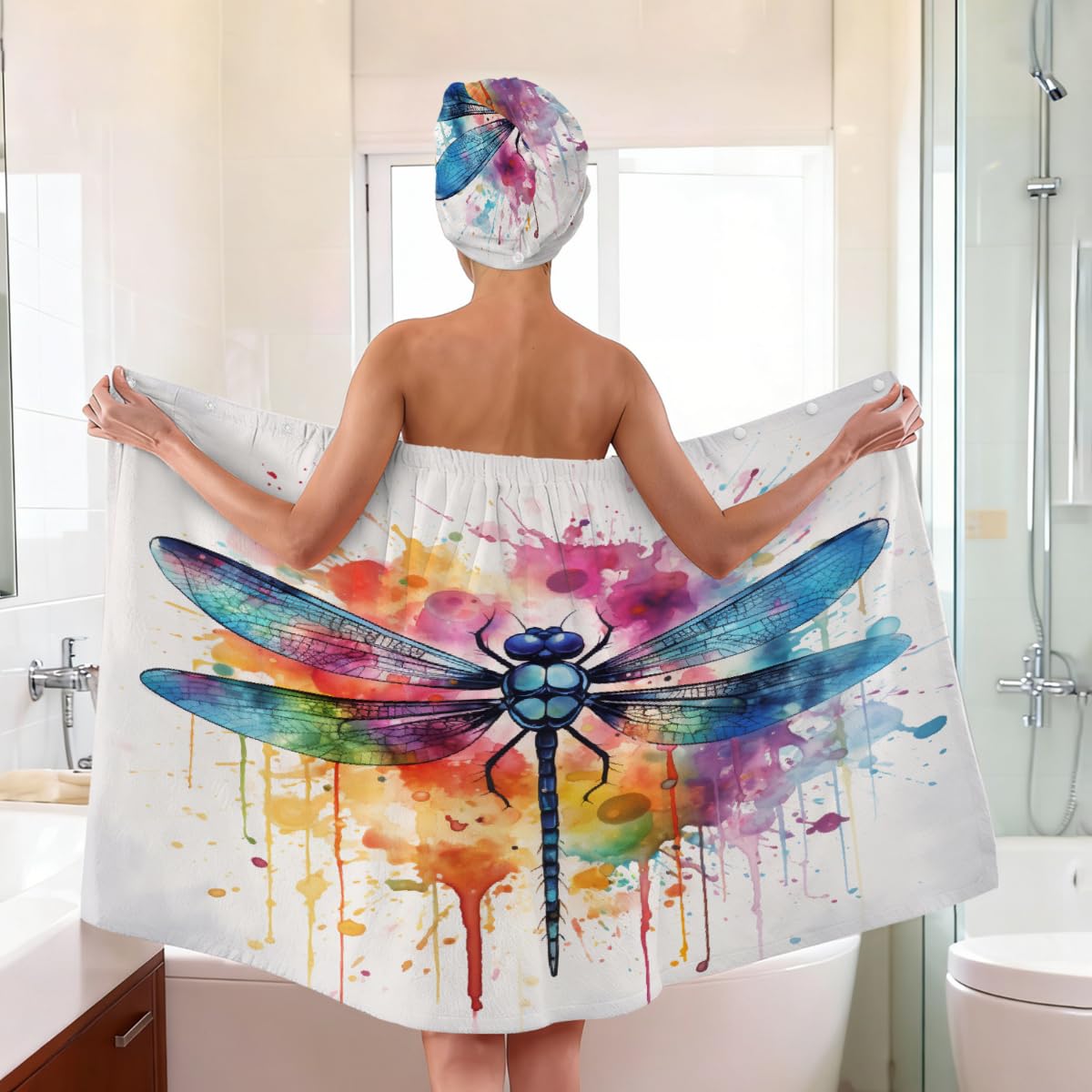 Mikrofaser-Duschtuch für Damen, mit Haar-Handtuch, Aquarell-Libelle, Tierdruck, weiche Körperwickel, Kleid mit Haartrocknungskappe für Strand, Pool, Spa, 2 Sets