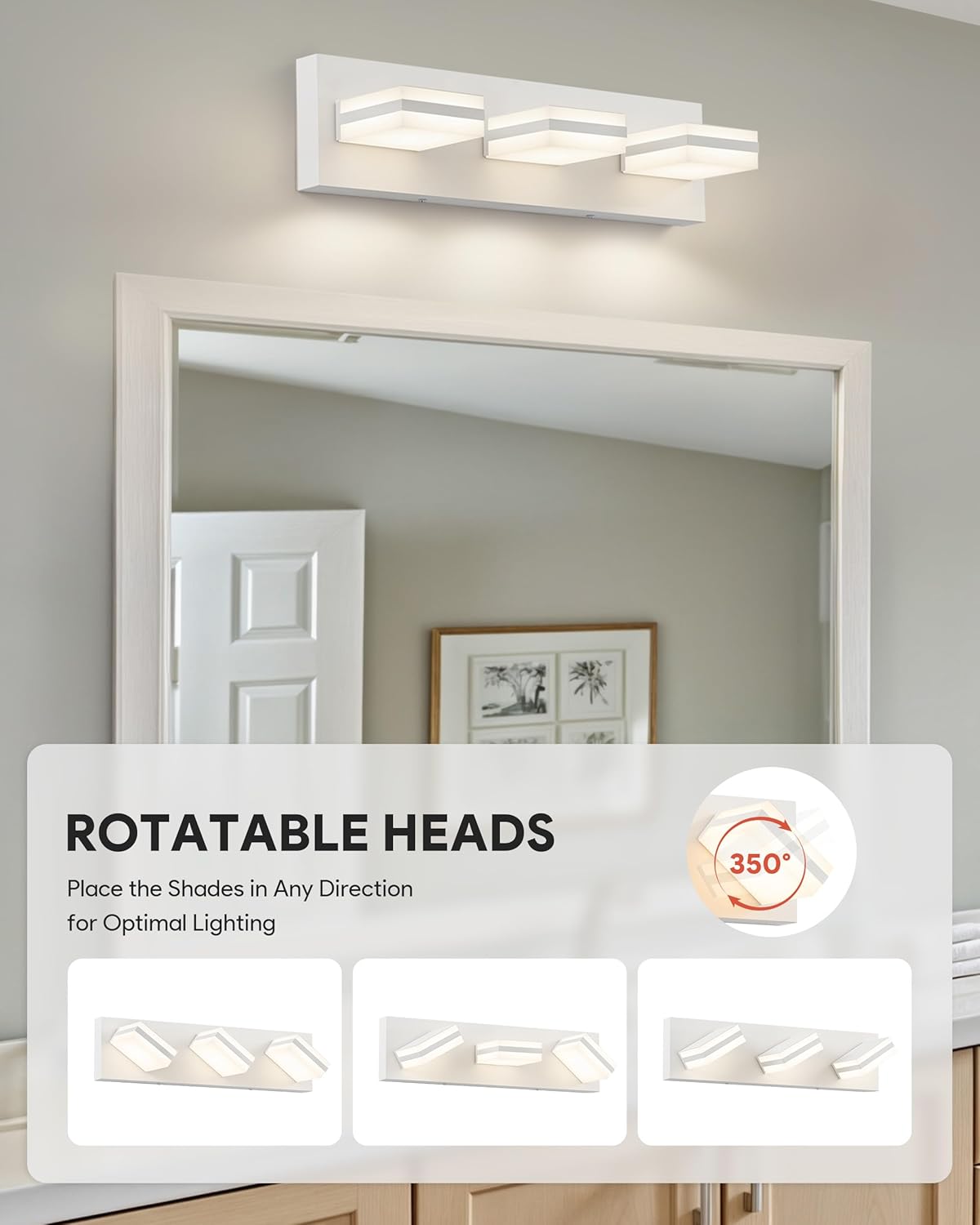 VONLUCE Bathroom Vanity Light Fixture, 3-Light Modern LED Vanity Lights, 3CCT Adjustable Bathroom Light with Memory Function Rotatable Shades, 18" Wall Lighting Fixture Over Mirror, Matte White