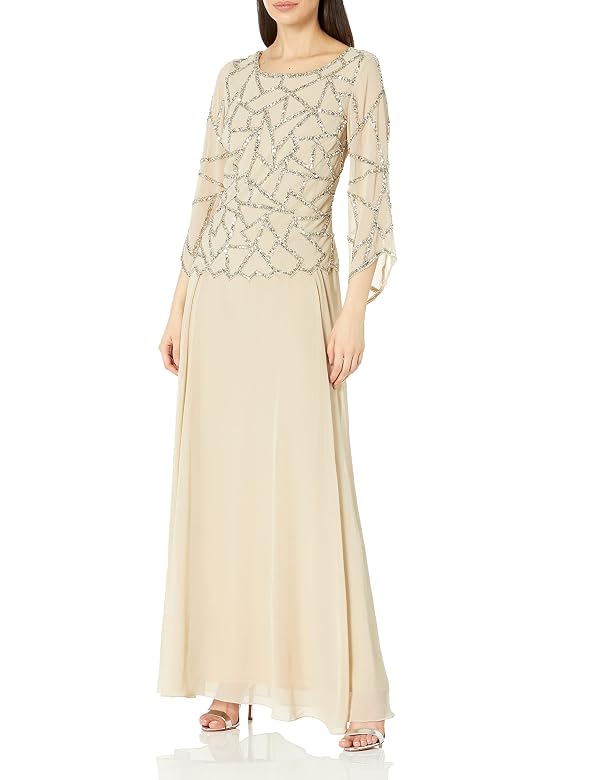 J Kara Women's 3/4 Angle Sleeve Geometrical Beaded Bodice Popover Dress, Camel/Multi, 20W by J Kara - Used condition - US$246.83