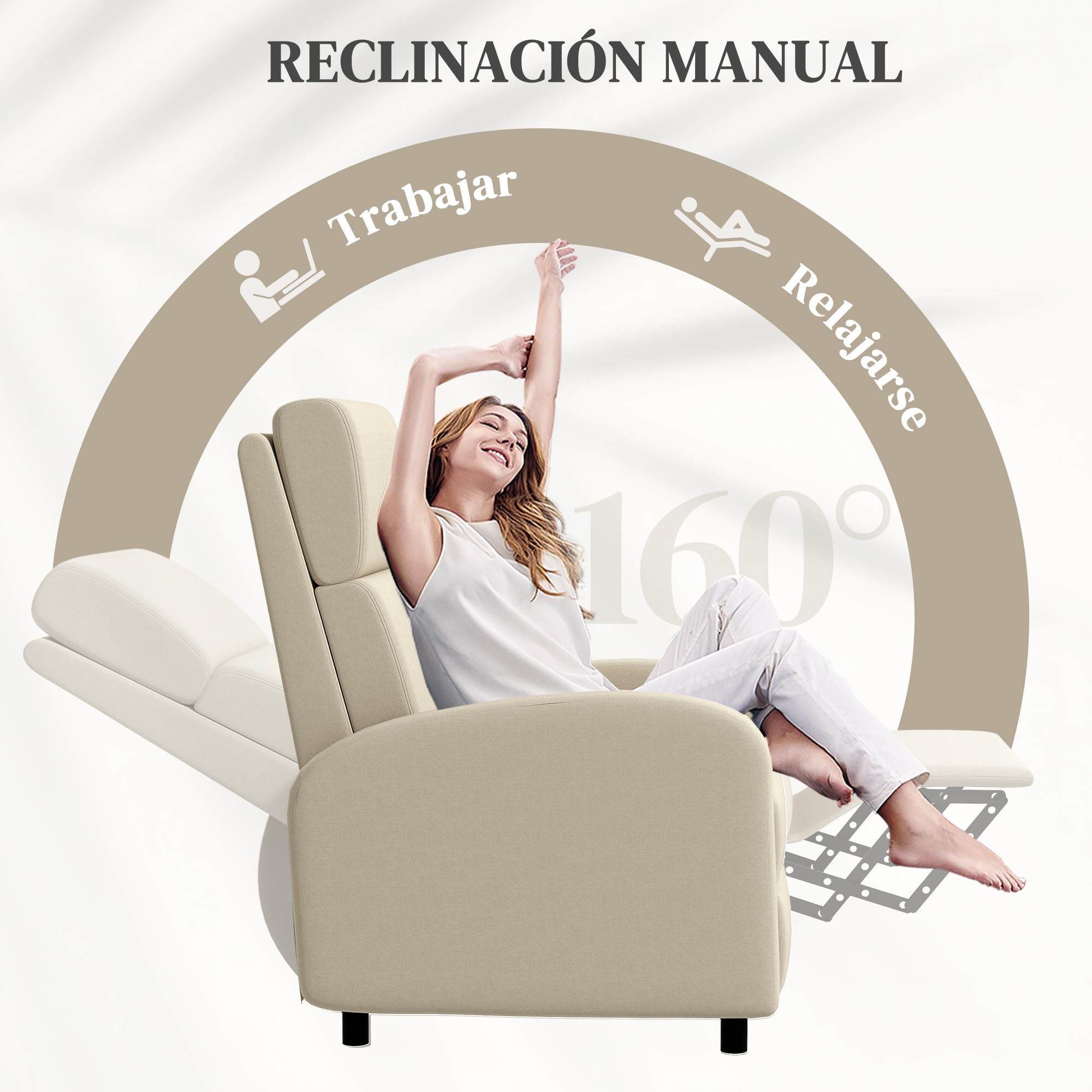 HOMCOM Sillón Relax Reclinable Manual Sillón Relax Tapizado en Lino Sintético con Reposapiés Respaldo Alto Carga 120 kg Butaca Reclinable para Dormitorio Oficina Crema
