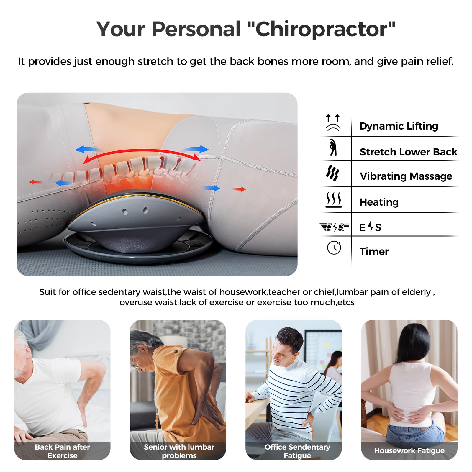 KWYBOW Electric Lumbar Traction Device Massager with Heat Therapy Adjustable Intensity Back & Sciatica Pain Relief Relaxation, Ideal Gifts