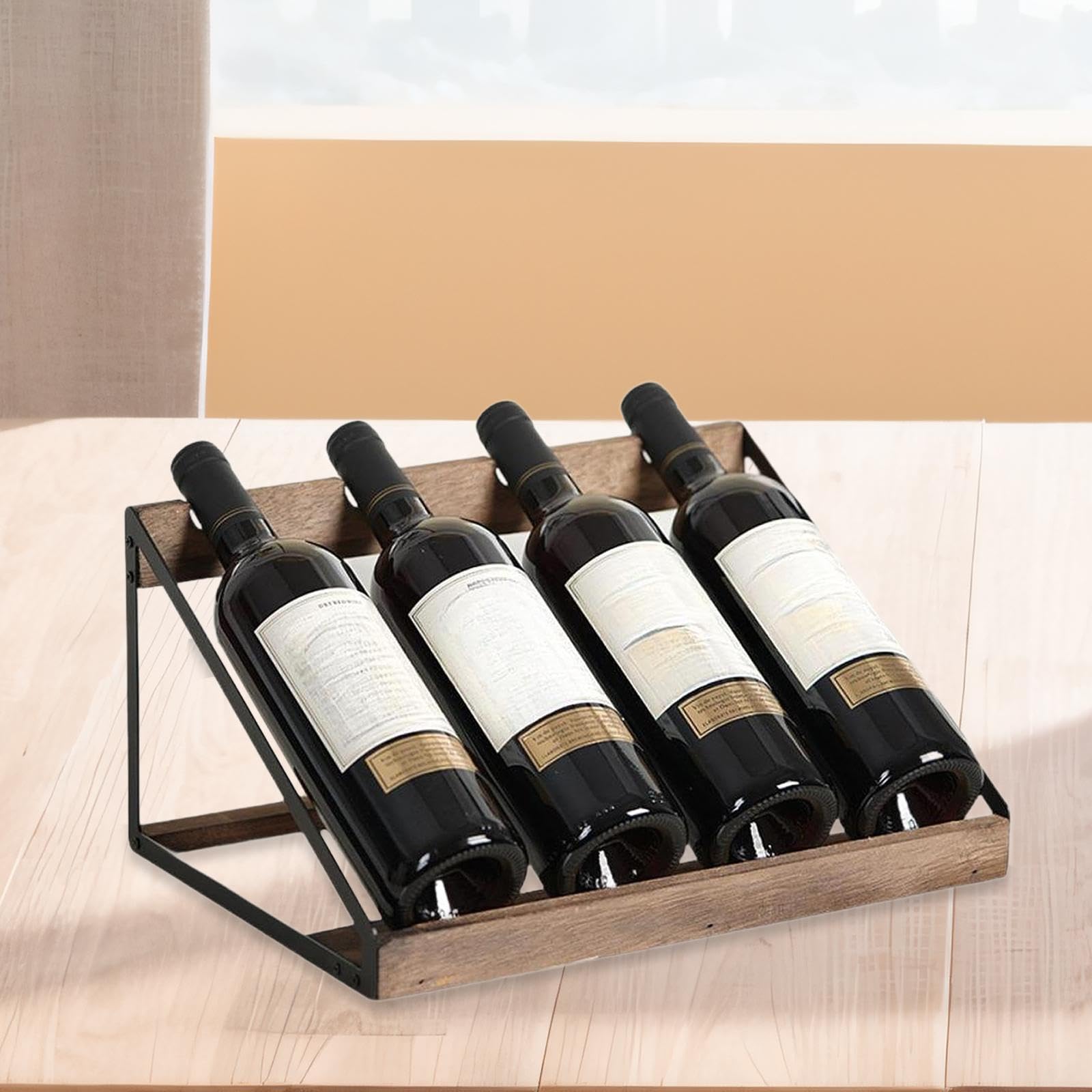 perfk Support de comptoir pour 4 Bouteilles de vin, Organisateur, Cadre en Bois et en métal, présentoir à vin pour sous-Sol, Polyvalent
