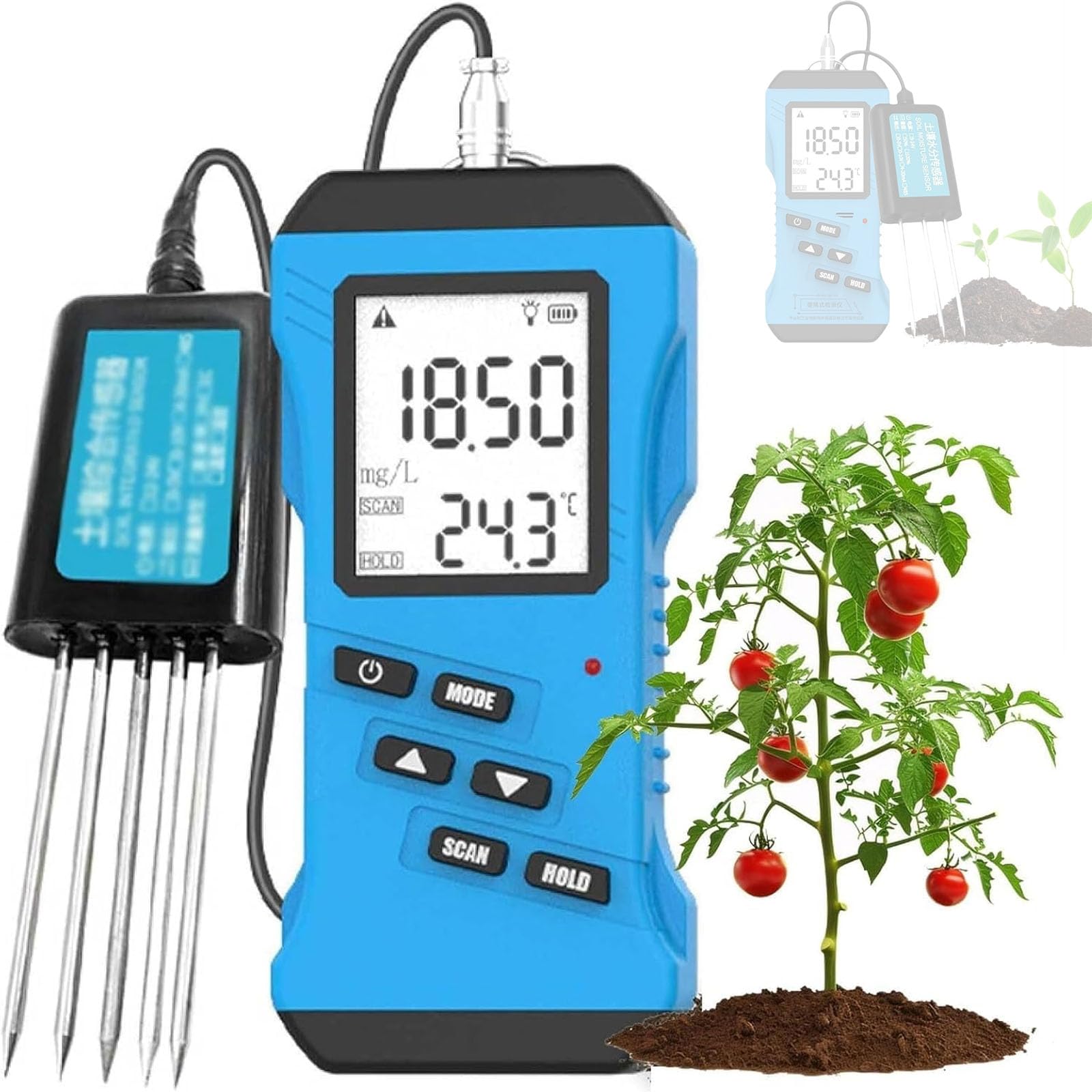Rilevatore di suolo portatile con display LCD retroilluminato, misura il pH del suolo, temperatura di umidità, fertilità NPK, conduttività elettrica, risposta rapida per piante in vaso da giardino
