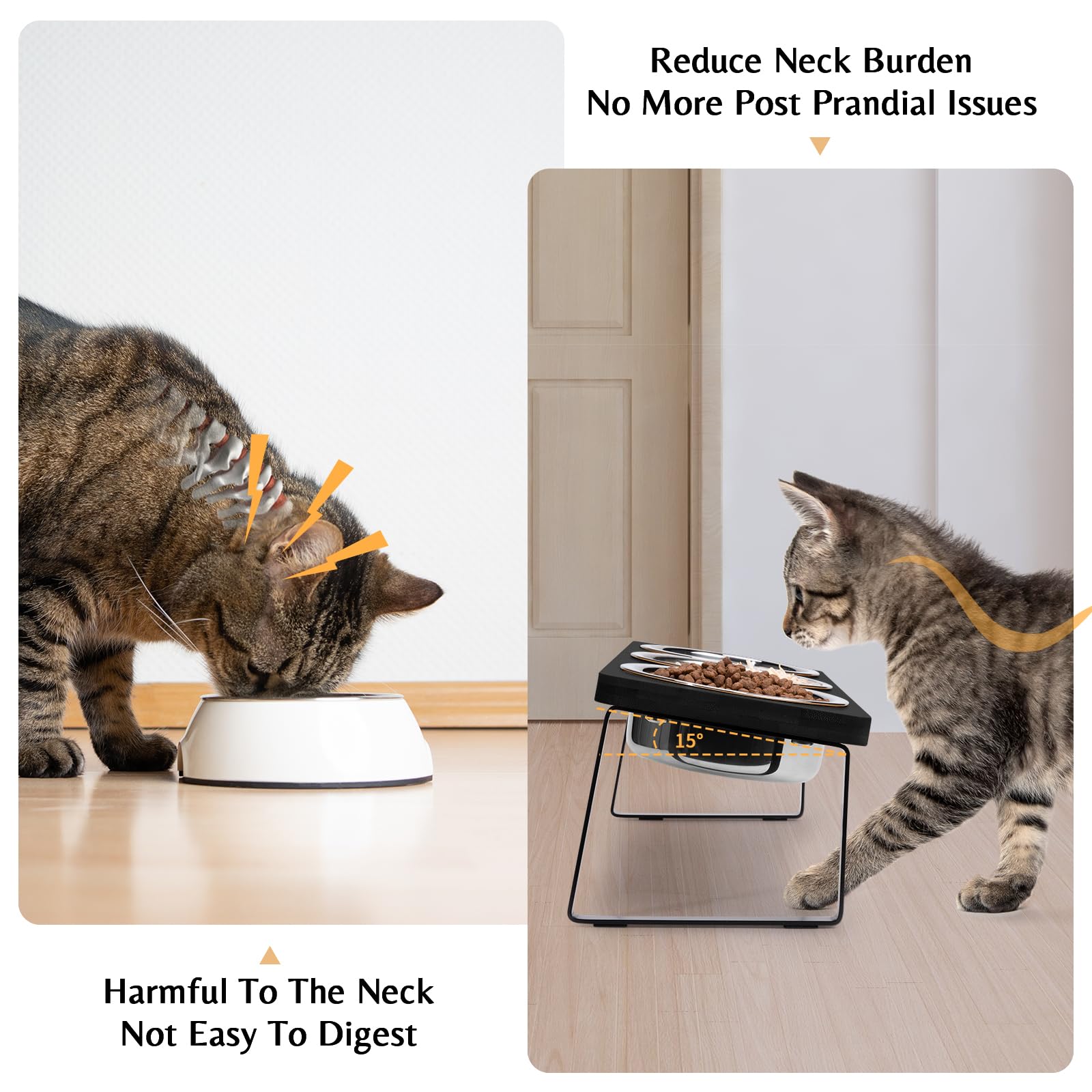 【Erhöhte Katzennäpfe für Futter und Wasser】 15° geneigter erhöhter Katzennapf-Set Schnurrhaarfreundlich, 3 Schwarze Edelstahl-Anti-Erbrechen-Schalen mit Ständer für Indoor-Kätzchen, Kätzchen und