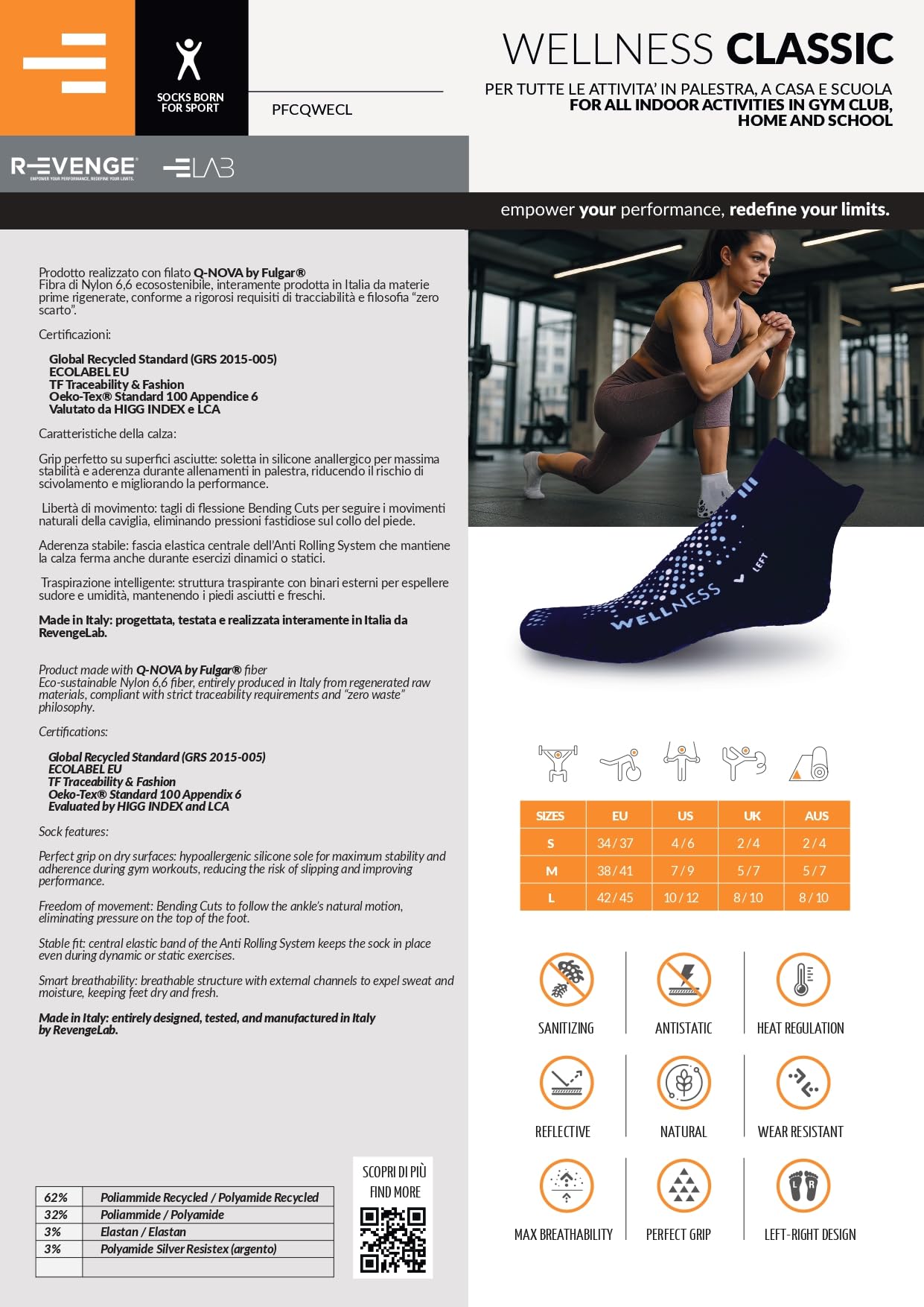 R-EVENGE Chaussure technique Wellness avec adhérence parfaite sur les surfaces sèches. Fil d'argent désinfectant et thermorégulant. Idéal pour le yoga, le Pilates, la gym, l'étape, la gymnastique