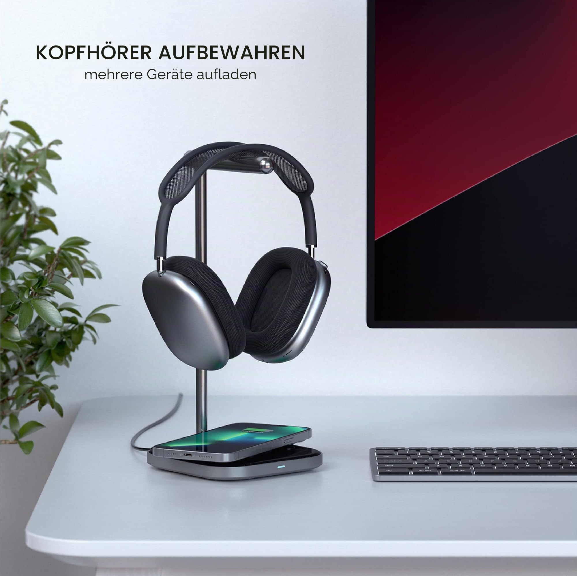 SATECHI 2-in-1 Kopfhörerständer mit kabellosem Ladegerät, USB-C Ausgang und magnetischem kabellosem Ladegerät, für iPhone 17, 16, 15 bis 12 Serie, Airpods Pro und andere Qi-fähige Geräte