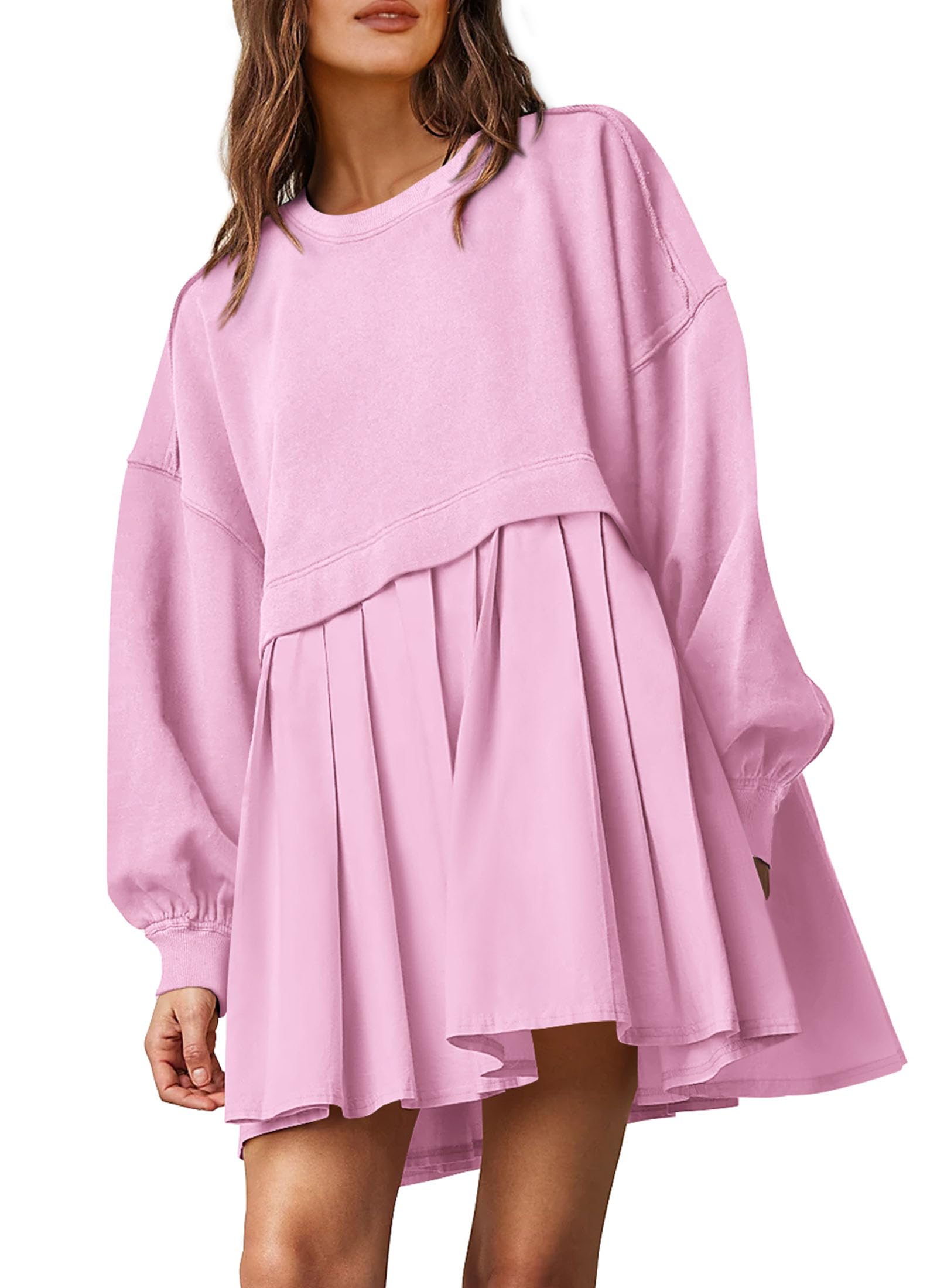 PRETTYGARDENWomen's Casual Sweatshirt Dress Long Sleeve Patchwork Pullover Tops Pleated Mini Dresses