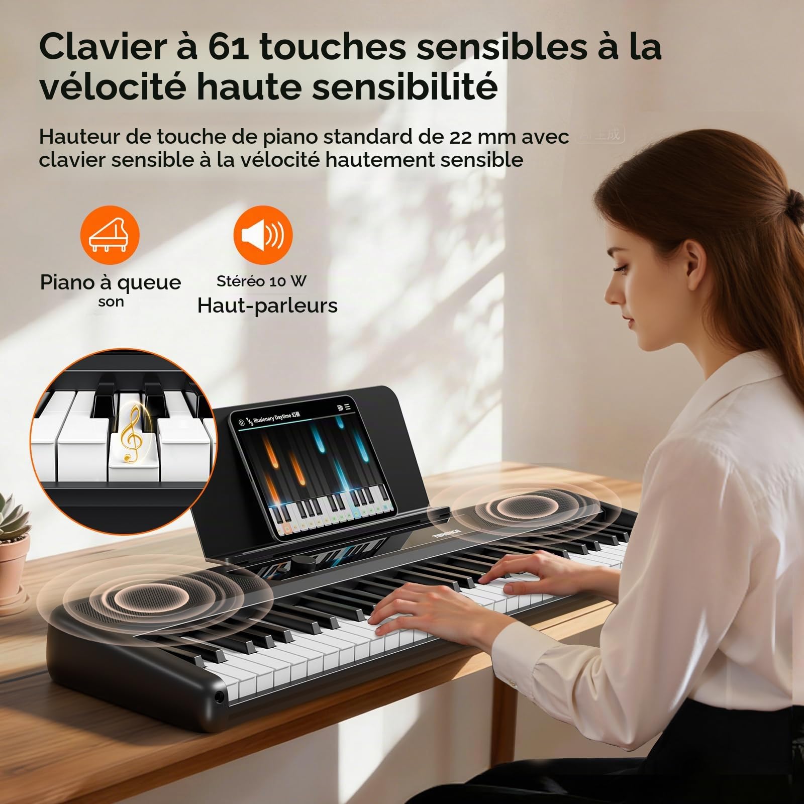 TERENCE Piano Électrique 61 Touches Portable – Clavier Numérique avec Support Touches Sensibles 128 Sons MIDI Idéal pour Enfant & Adulte Instrument de Musique Polyvalent
