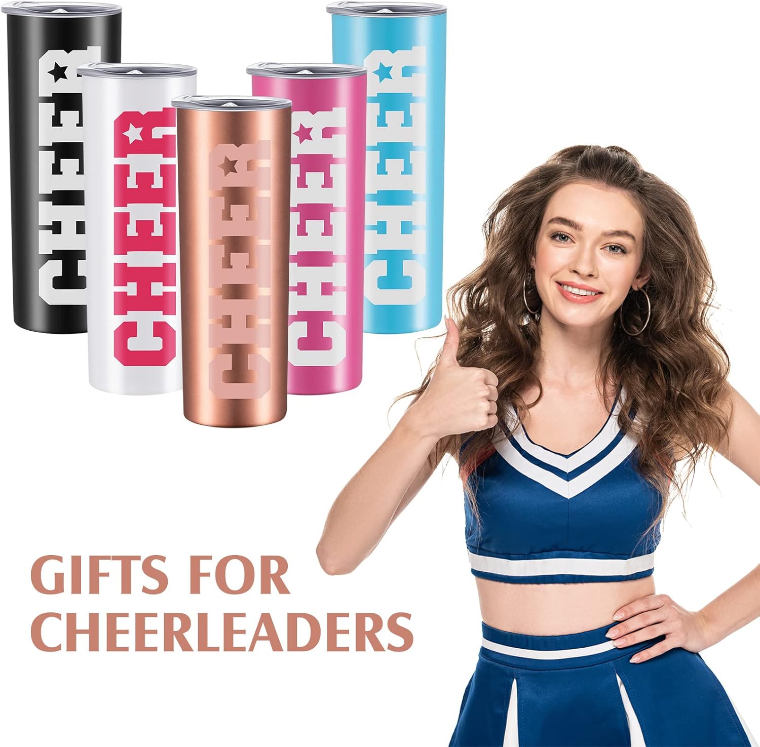 Tessco for you 5 Pieces Cheerleader Skinny Tumbler Gifts Stainless Steel Cheer Water Bottle Cup with Lid Straw and Brush Cheerleader Gifts 20 oz Insulated Water Glasses Cheer Team Favors, 5 Colors