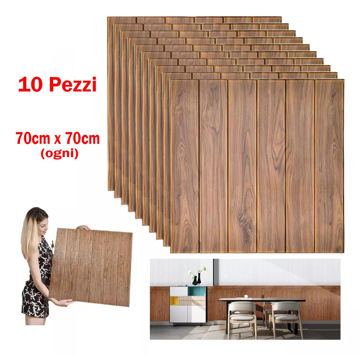 Carta da Parati Adesiva Muro 10 Pezzi (5.39m2) 3d Adesiva Pannelli Parete Mattoni Pannello Mattone Decorativi 3d per Parete Adesivi paretiper per Cucina Soggiorno Bagno 77 x 70 cm ROVERE SCURO