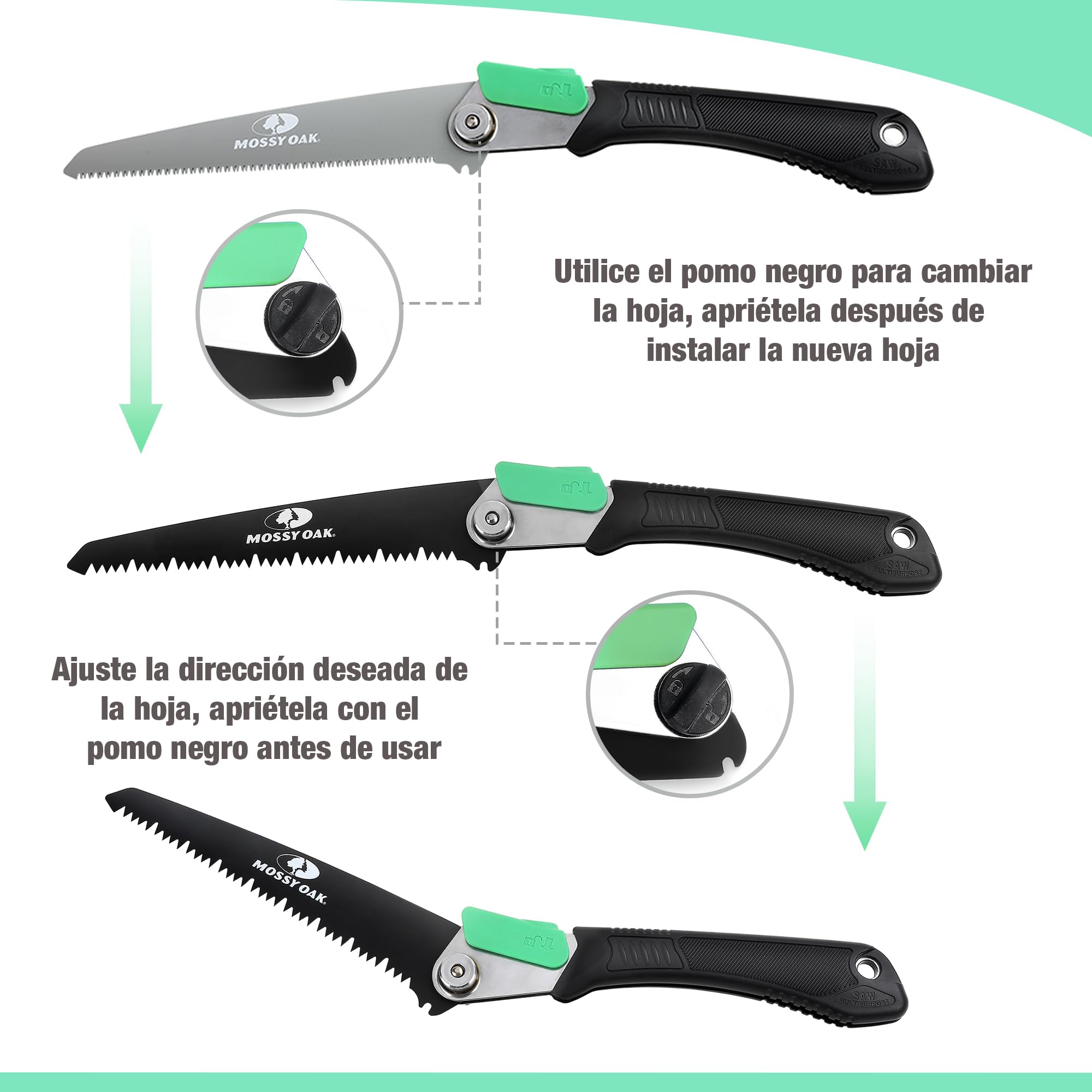 Mossy Oak Sierra de Podar 3 en 1, Sierra Plegable con Cuchillos de Madera, Métal y Plástico, Serrucho Plegable con Bolsa de Organizador, para Poda, Jardinería, Madera, Tubos, Metal