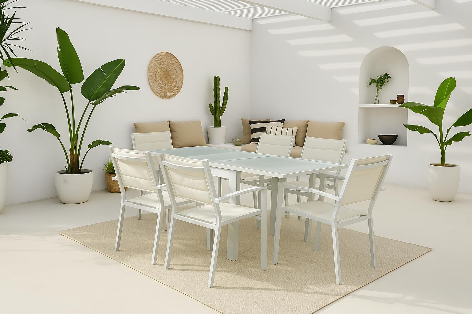 MOMMA HOME Set Mesa Extensible y 6 sillas terraza, Conjunto Muebles Jardín Exterior 7 Piezas, Estructura de Aluminio, Mesa y Sillas Terraza Impermeables, Resistentes a Exterior (Blanco)