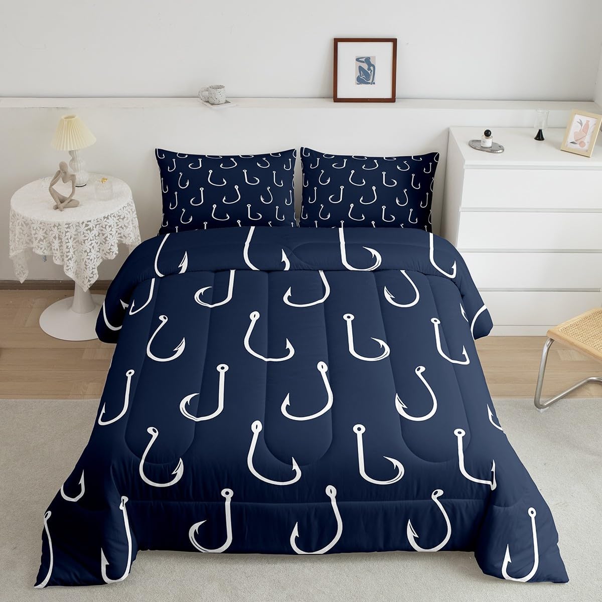 Feelyou Blue Fish Hook Bedding Set Twin Size Boys Girls Fish Comforter Set for Kids Fishing and Hunting Nautical Sea Animal Comforter Camper Duvet Set Room Decor Quilt Set