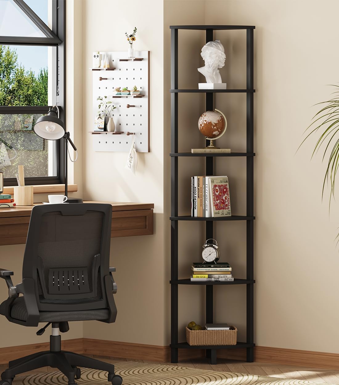 VIMBER Corner Shelf, 6-Tier Corner Bookshelf, Industrial Corner Ladder Shelf, DIY Storage Shelves, Modern Display Shelf for Living Room, Bedroom, Kitchen, Home Office, Black UJSJ004B