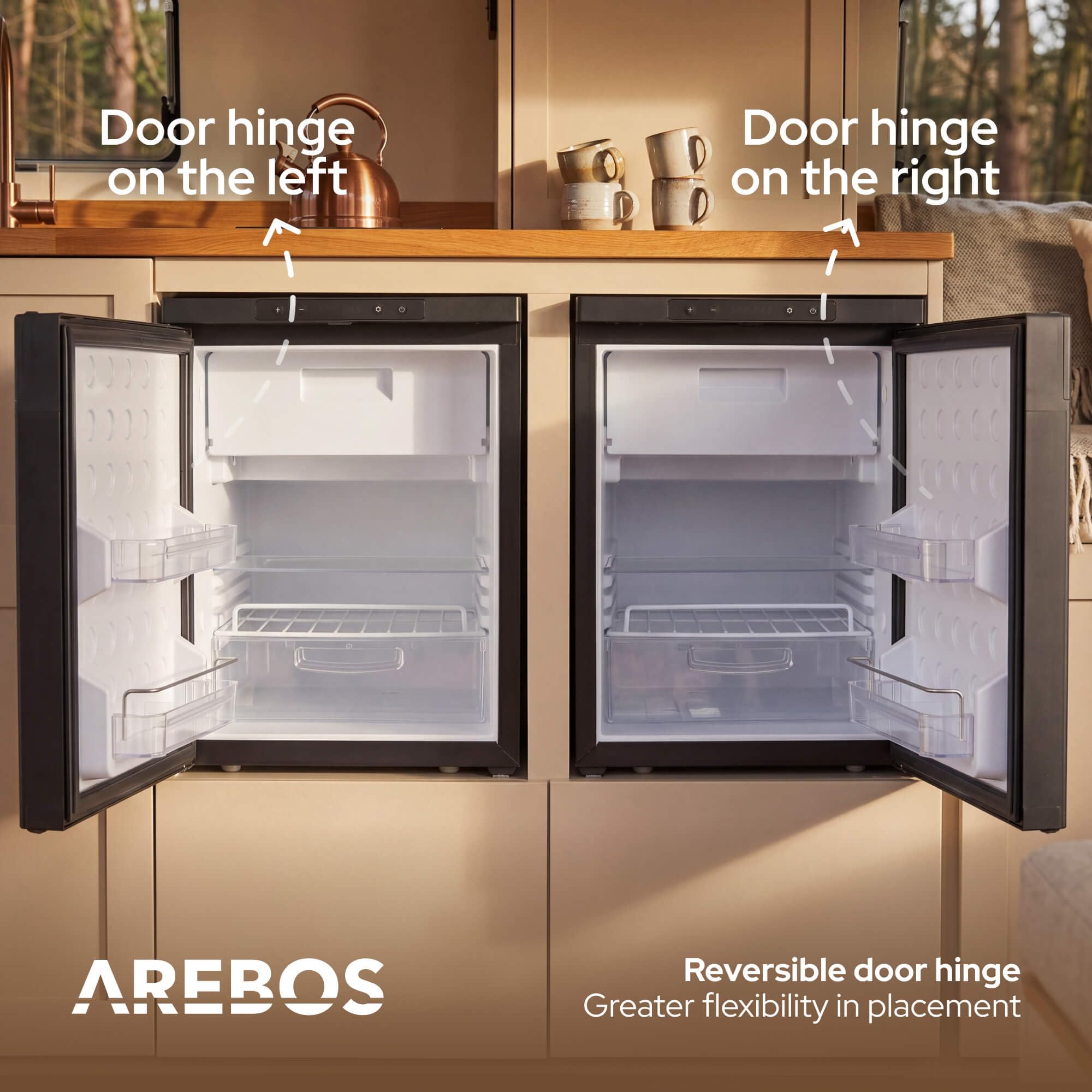 Arebos Lodówka Kompresorowa do Kampera 50L z Zamrażalnikiem | Sterowanie APP | 12V/24V | Chłodzenie do -20°C | Odwracalne Drzwi | Lodówka do Kampera, Auta i Ciężarówki