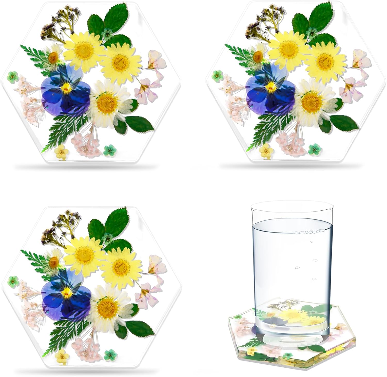 Drink Coasters Set of 6: Hexagon Resin Coaster - Flower with Gold foil Crystal Coasters for Desk (6, White Flower)