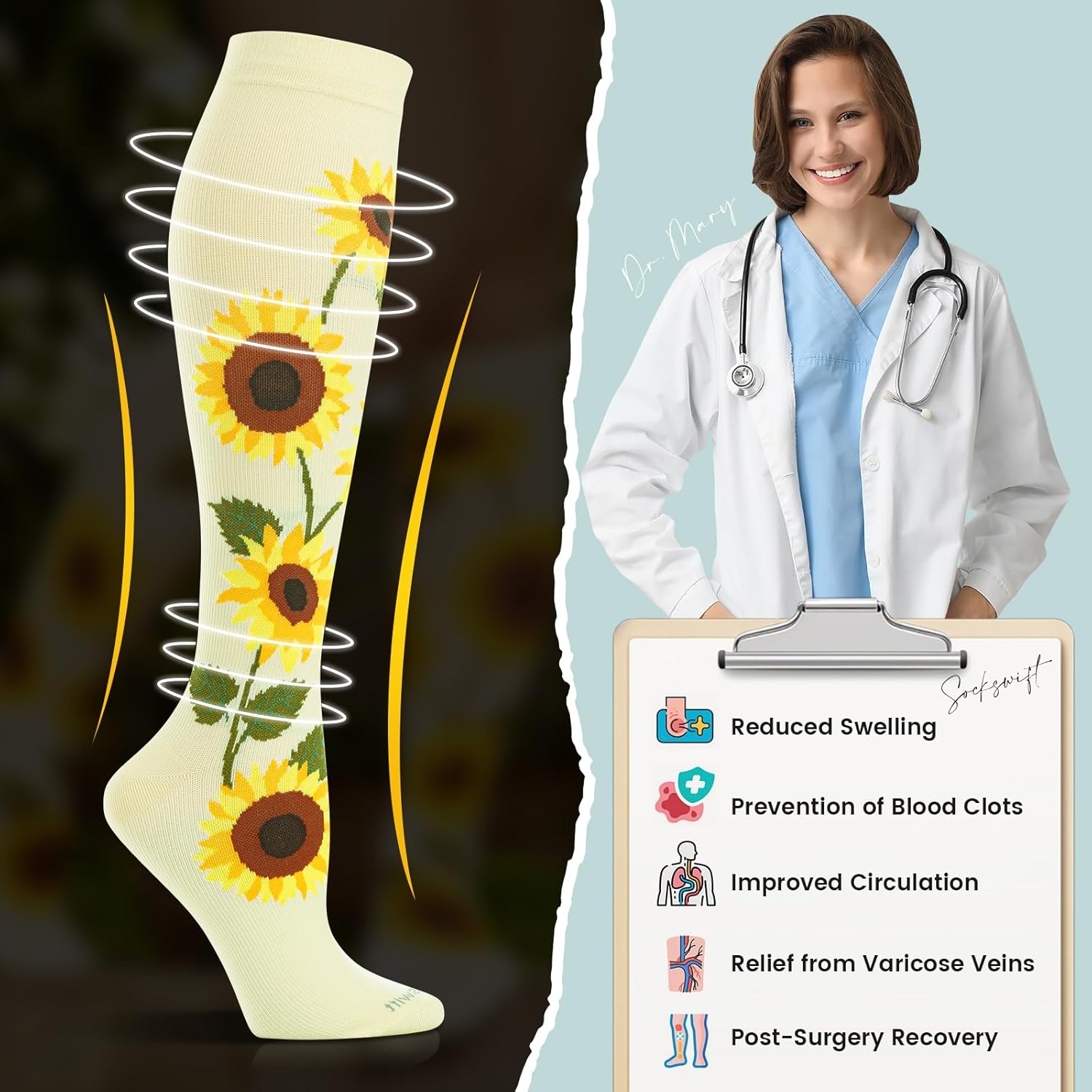Floral Compression Socks for Women 20-30mmHg Knee High, Best for Ladies, Nurses, Pregnancy, Travel