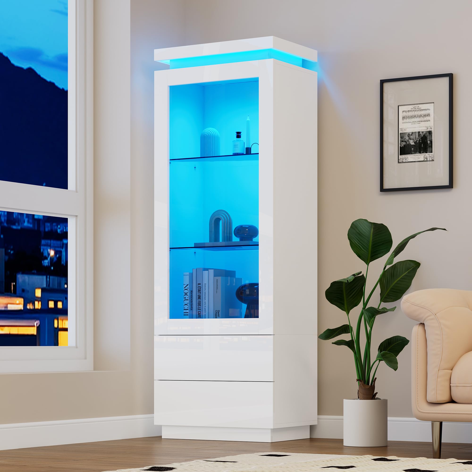 60 x 40 x 171 cm, armario alto con 2 cajones, brillante, vitrina de cristal con LED, armario para el salón, con puertas de cristal y puerta plegable, color: blanco