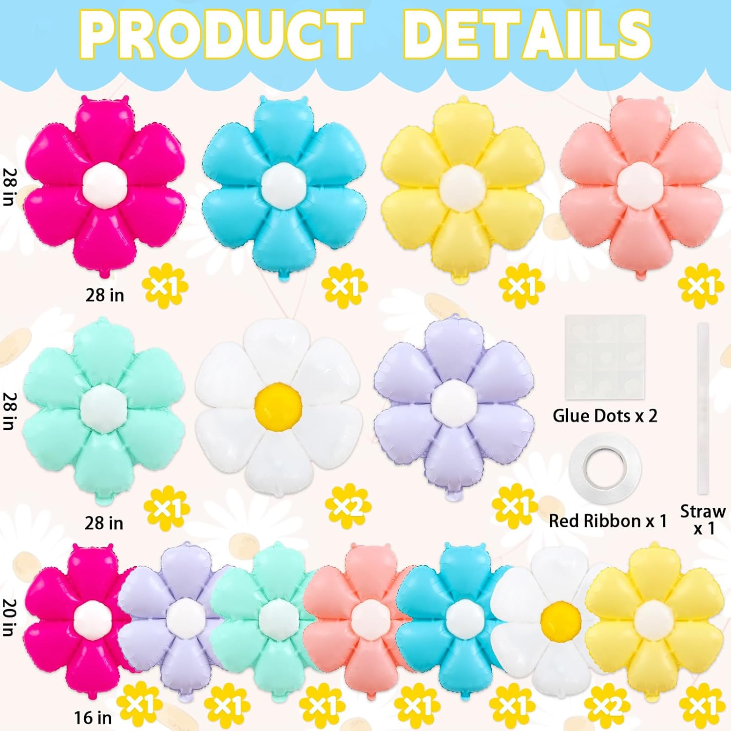 16Pcs Daisy Foil Balloons, Colorful Daisy Flower Balloons for Girls Birthday Wedding Baby Shower Groovy Boho Party Decor