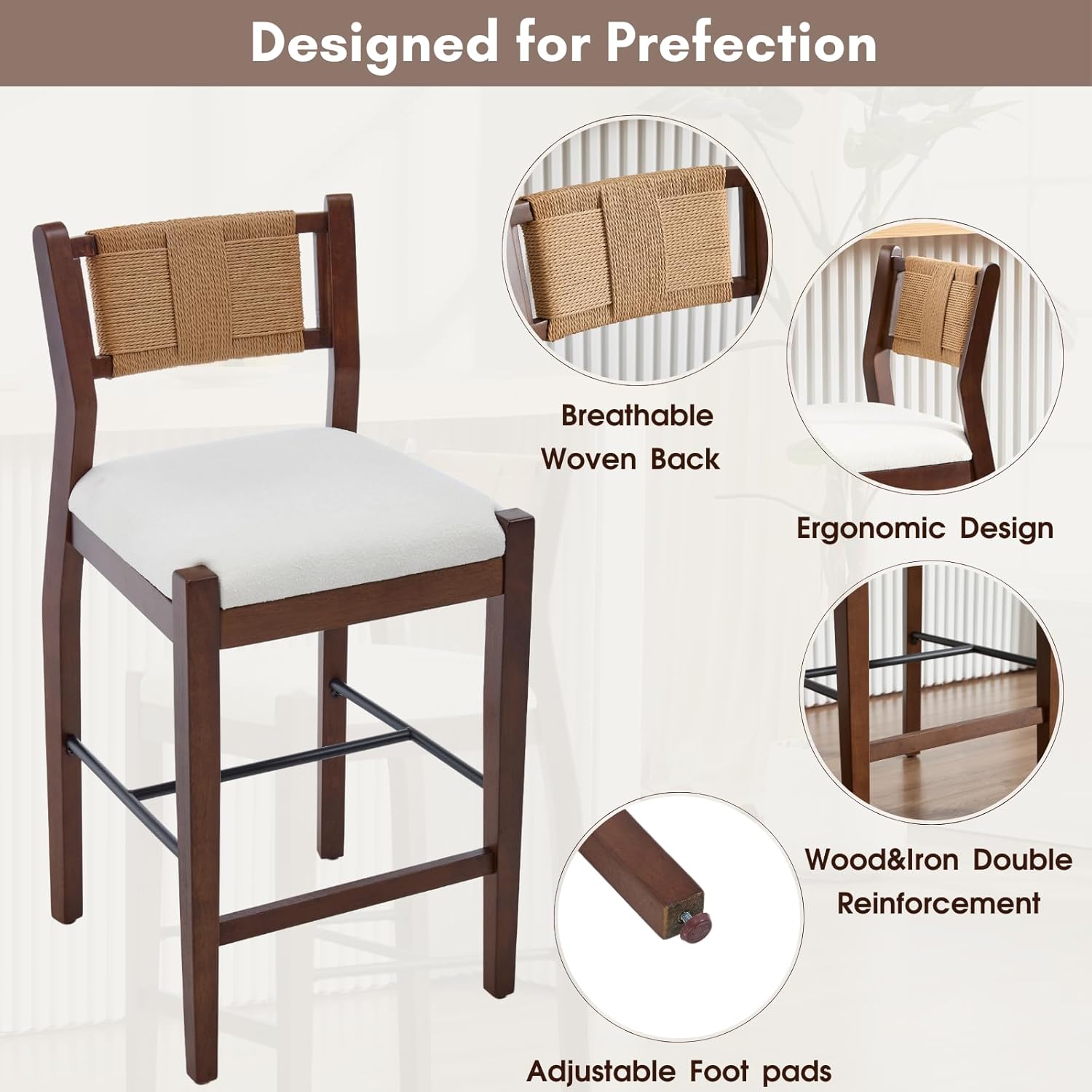 CIMOTA Rattan Counter Height Bar Stools Set of 4, 26" Boho Barstools with Woven Backs, Mid Century Walnut Wood Bar Stool Chairs Sherpa Upholstered Counter Stools for Kitchen Island/Counter/Bar,White