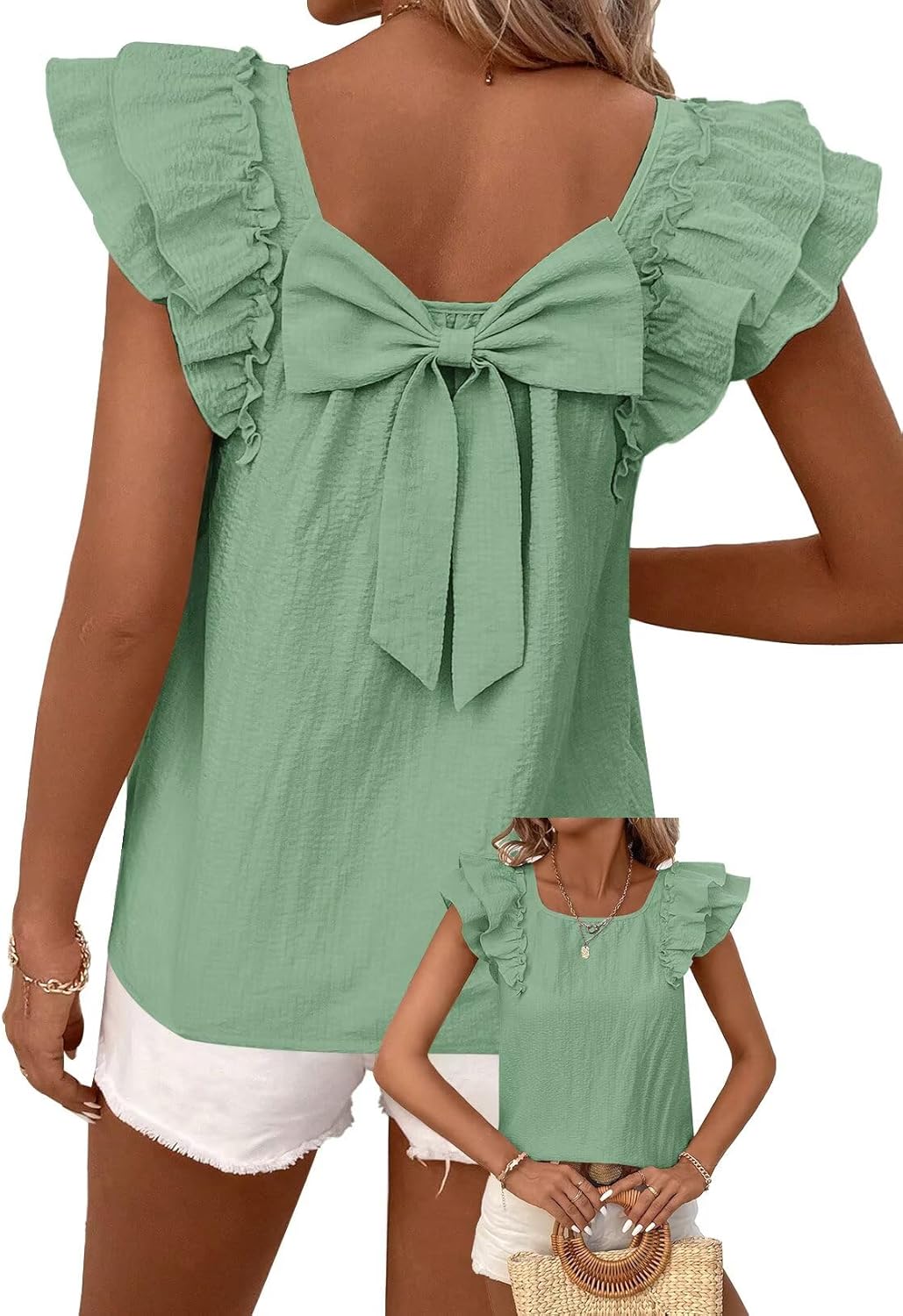 Womens Bow Tie Back Tops Round Neck Ruffle Short Sleeve Shirts Cute Babydoll Chiffon Tee Women Summer Trendy Tunic