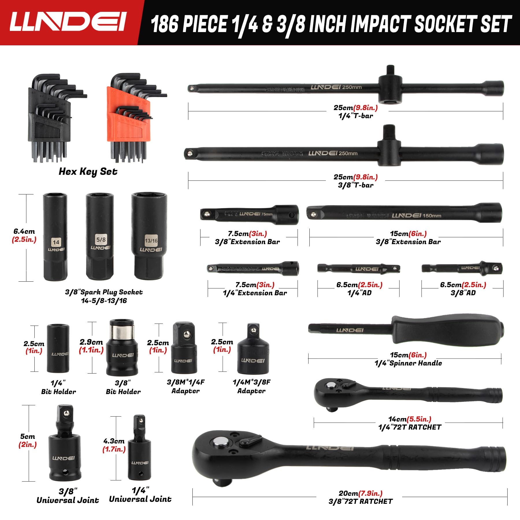 LLNDEI 1/4 & 3/8 Inch Drive Impact Socket Set, 186 Pieces Metric