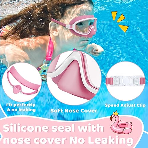 Miniatura 4 de Vvinca 2 gafas de natación para niños con cubierta para la nariz, máscara de buceo de natación de visión amplia, antivaho UV, anti roturas para