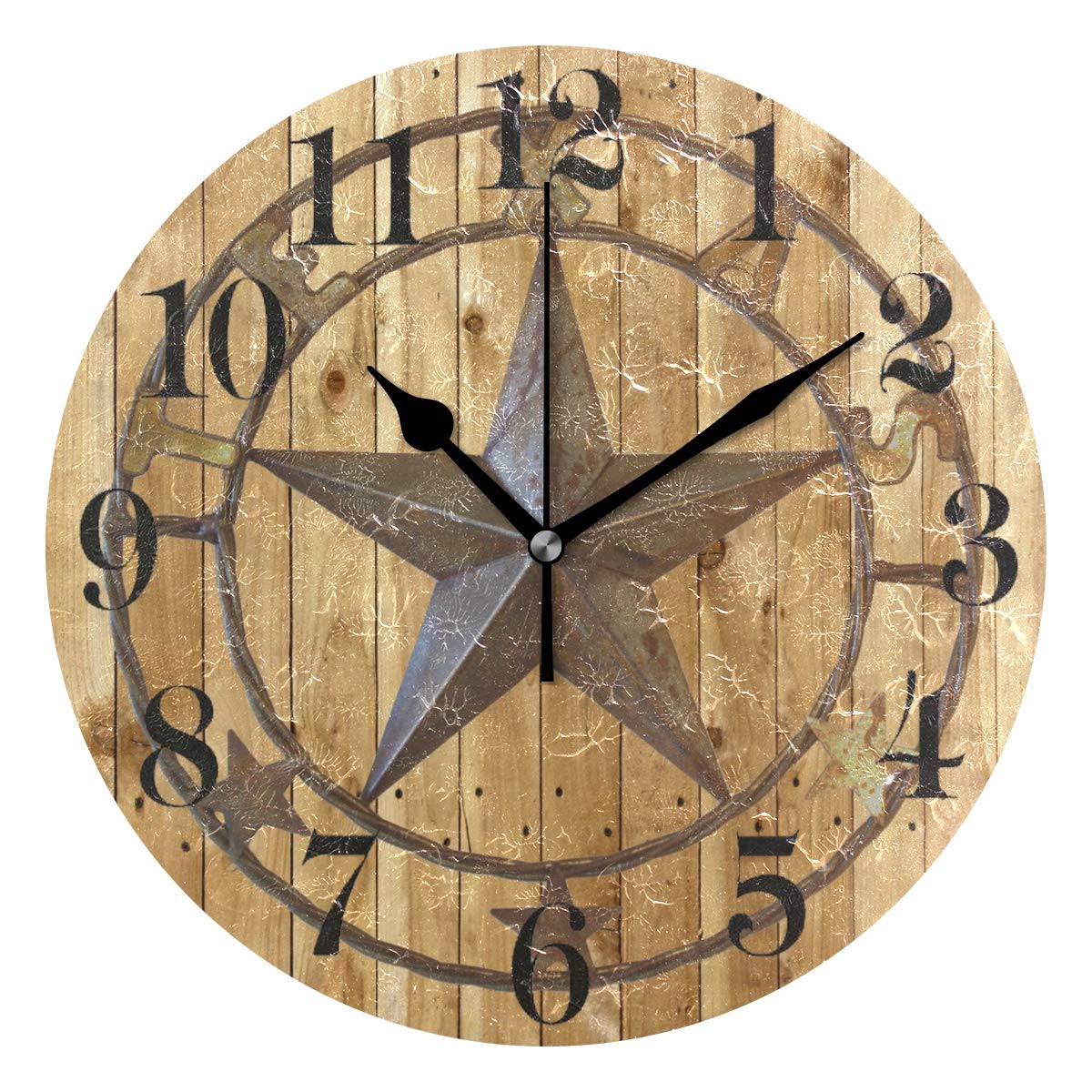 Nugier Texas Star Round Wall Clock Silent Non Ticking Custom Acrylic Painted Easy to Read Non-Ticking Home Art Bedroom Living Dorm Room Decor 9.45"x9.45"