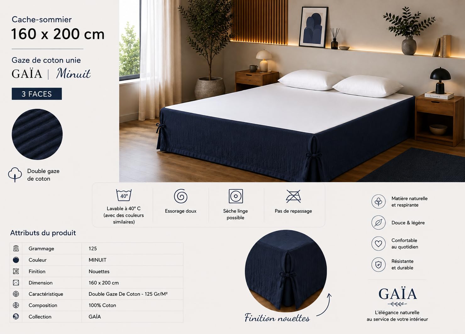 Cache-sommier 160 x 200 cm Double Gaze de Coton GAÏA Marine – Qualité Haut | Toucher ultra doux et aérien