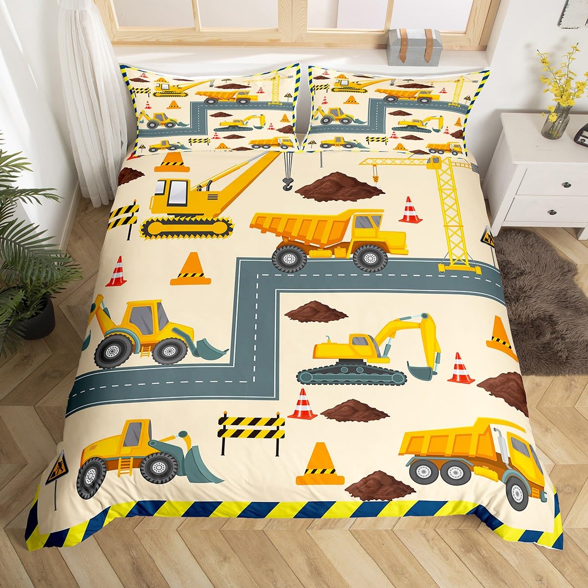 Cartoon Truck Duvet Cover Set Super King Size, Excavator Tractor Crane Bedding Set 3pcs for Kids Boys Room Decor, Construction Vehicles Comforter Cover Machinery Car Quilt Cover with 2 Pillowcases