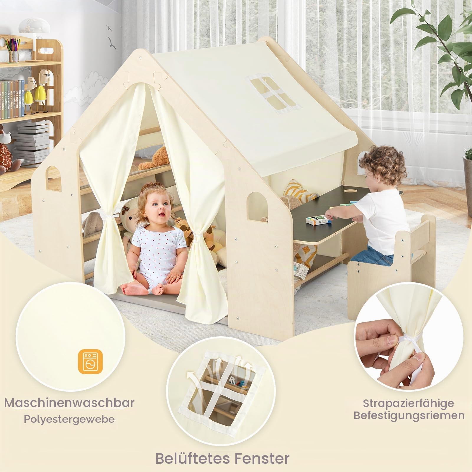 HOMASIS 6 in 1 Kinderzelt Indoor, Spielzelt mit Kindertisch & Stuhl, Kinder Spielhaus mit Matte & Tafel & Aufbewahrungsbox, Kinderspielhaus aus Holz für Kinder ab 2 Jahren (Mit 6 Boxen)