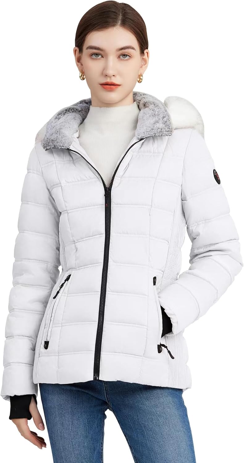SLOWTOWN Women’s Puffer Jacket Warm Hooded Winter Puffy Jacket with Faux-Fur Trim and Collar