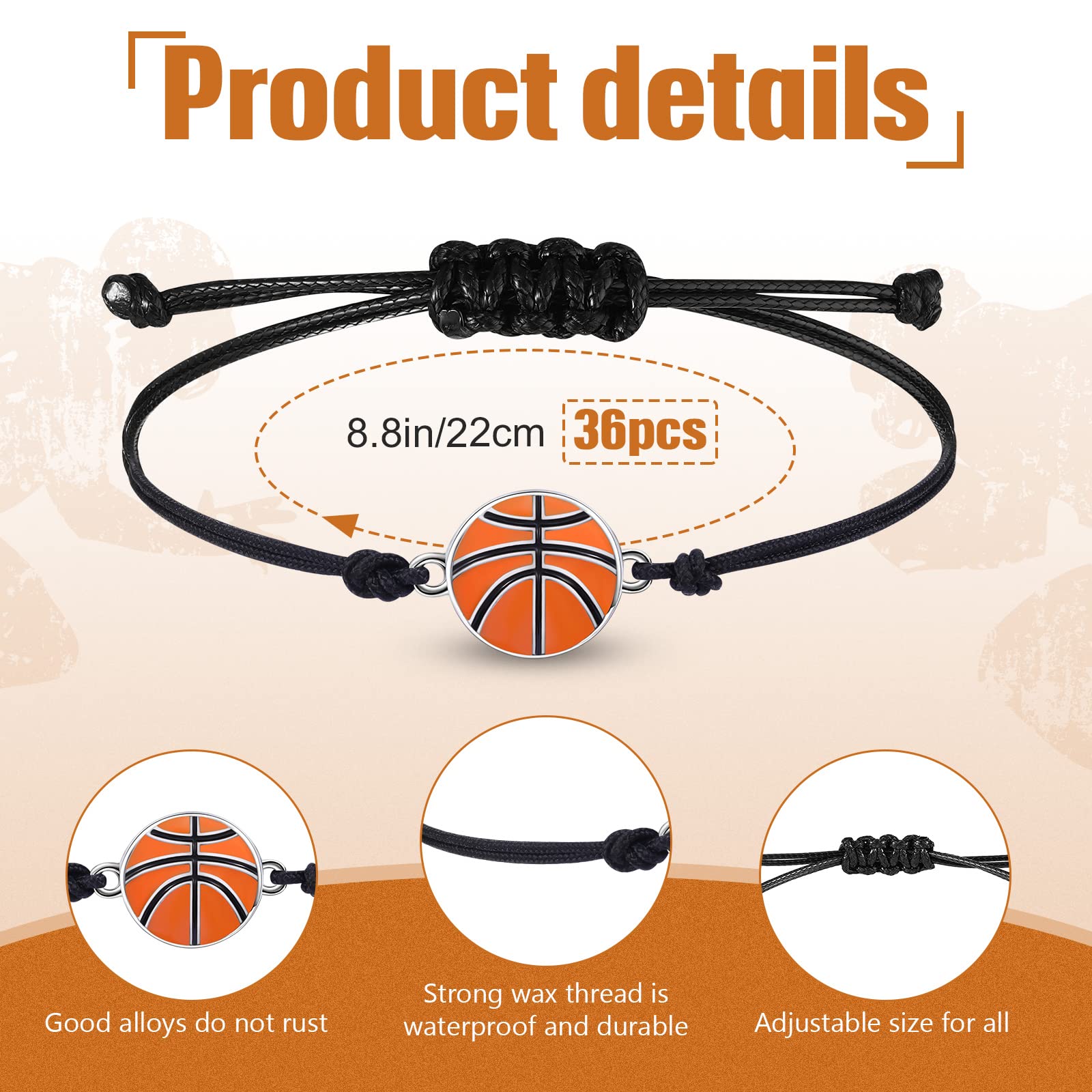 Bonuci 36 Pcs Basketball Bracelet Bulk Basketball Team Gifts Adjustable Braided Sport Theme Charm Bracelets Birthday Party Favors for Women Men Players