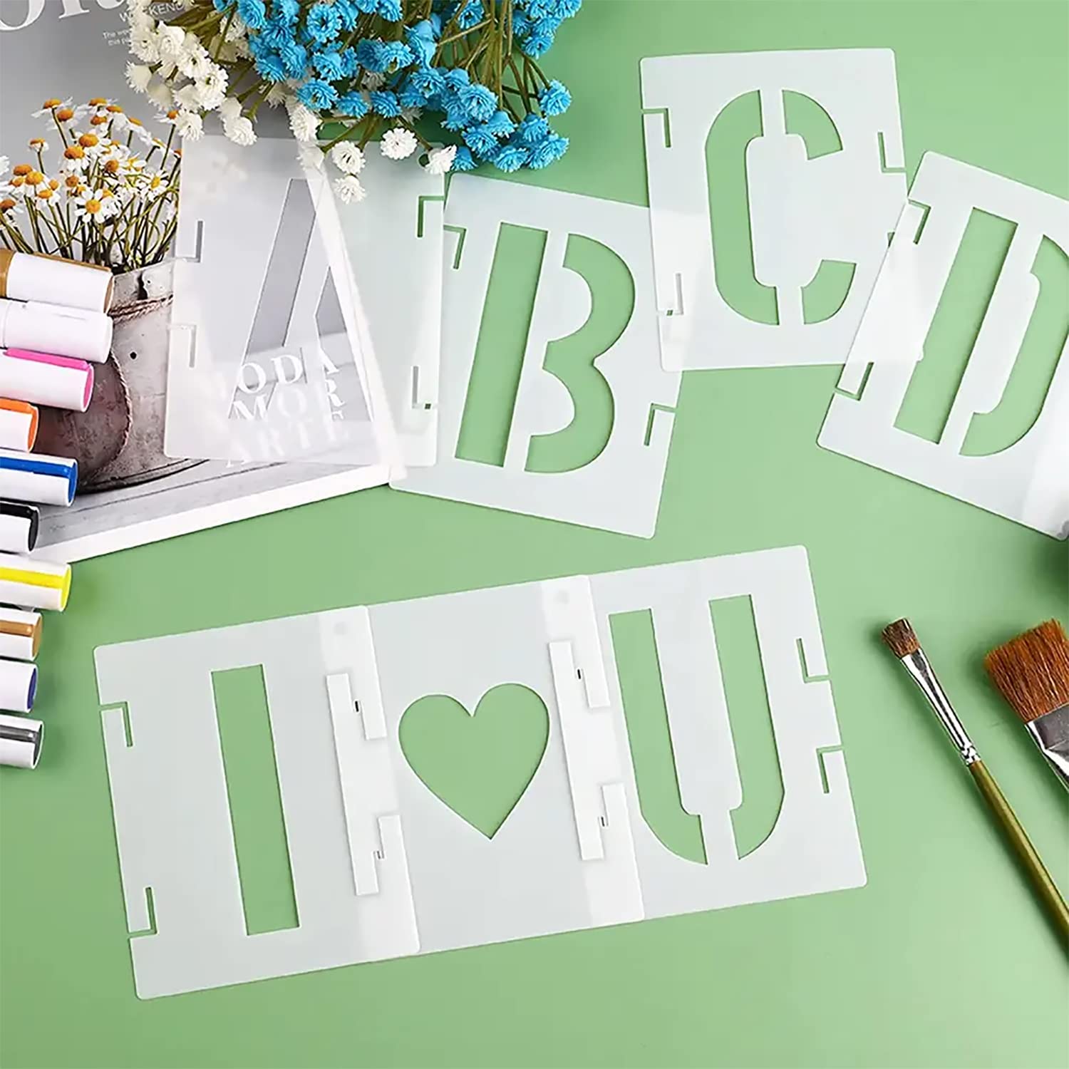 Metallic Paint Markers 42 Pcs Cursive Letter Stencils - 3 Inch Reusable ...
