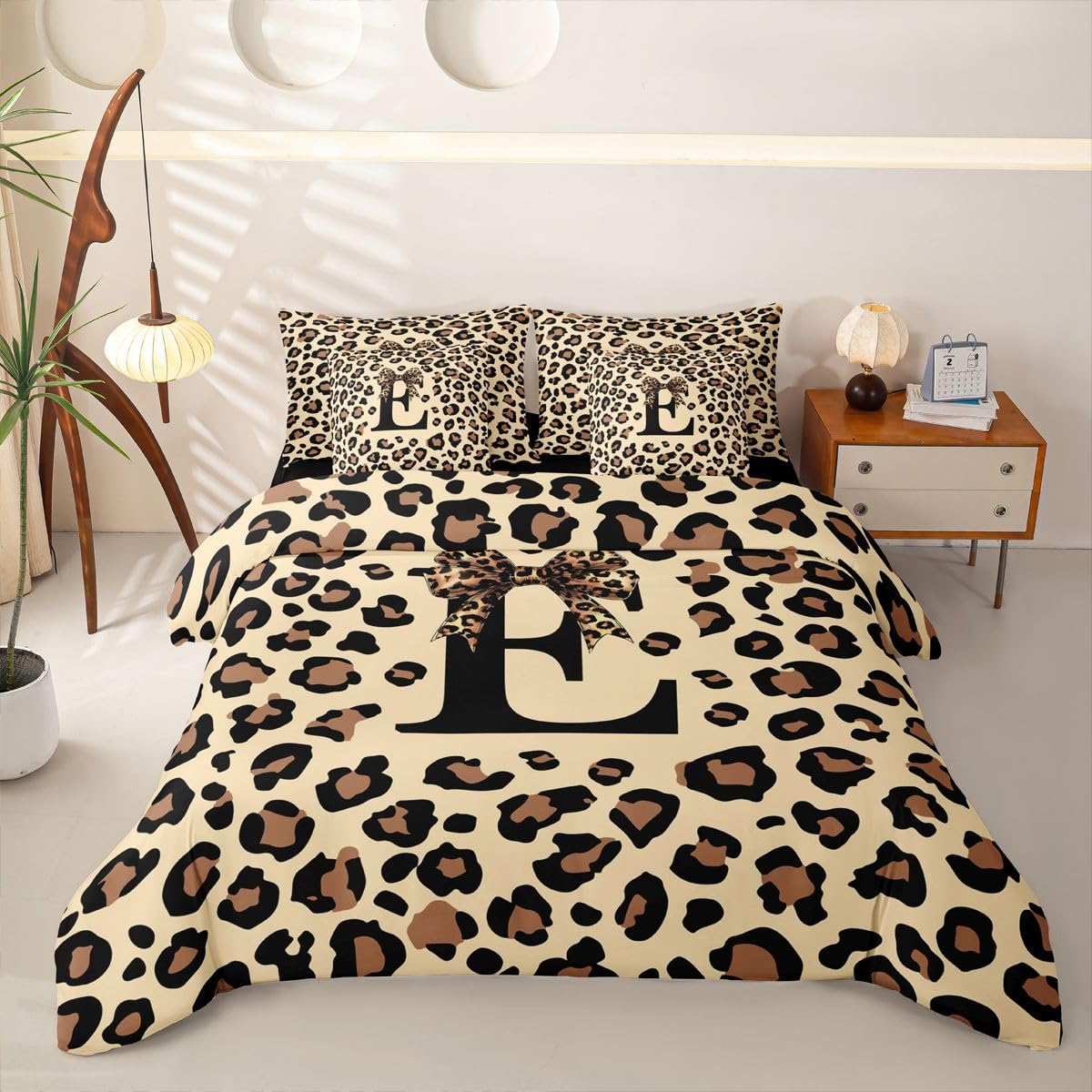 Loussiesd Set di biancheria da letto con copripiumino e lenzuola, 7 pezzi, per letto singolo, con stampa leopardata e fiocco