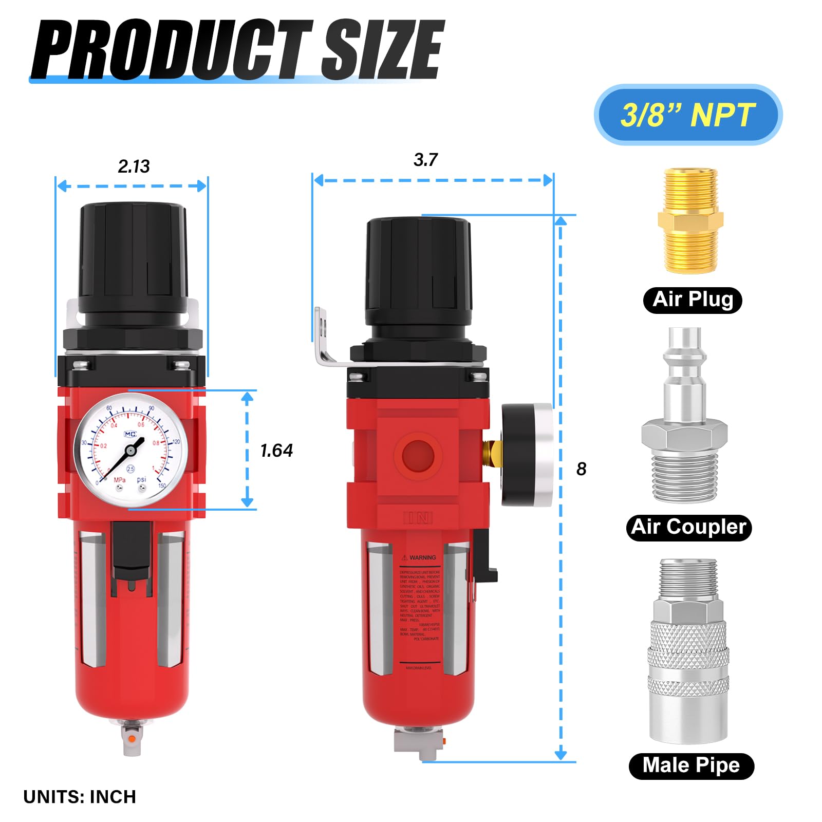 MEANLIN Filtre à humidité pour compresseur d'air, filtre de ligne d'air à drainage manuel AW3000-03, entrée NPT 3/8" avec jauge de 150 PSI et interrupteur d'arrêt de valve pour