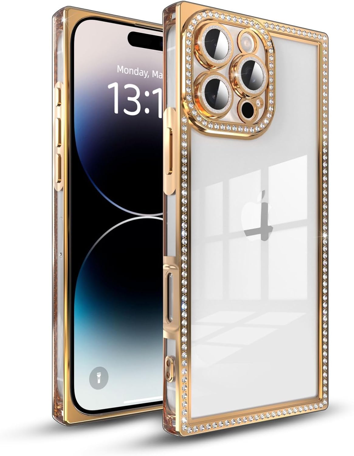 IAIYOXI Rectangle Glitter Bling Diamond Case for iPhone 16,Cute Luxury Sparkly Cover,Full Camera Protection Soft TPU Bumper Shockproof Slim Phone Case for Women Girls(iPhone 16,Gold)