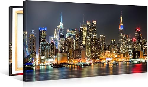 Miniatura 2 de Large Canvas Print Wall ArtManhattan Night Lights40x 20inch lona Extendido sobre Marco de maderaCiudad de Nueva York Cityscape lona de Impresión
