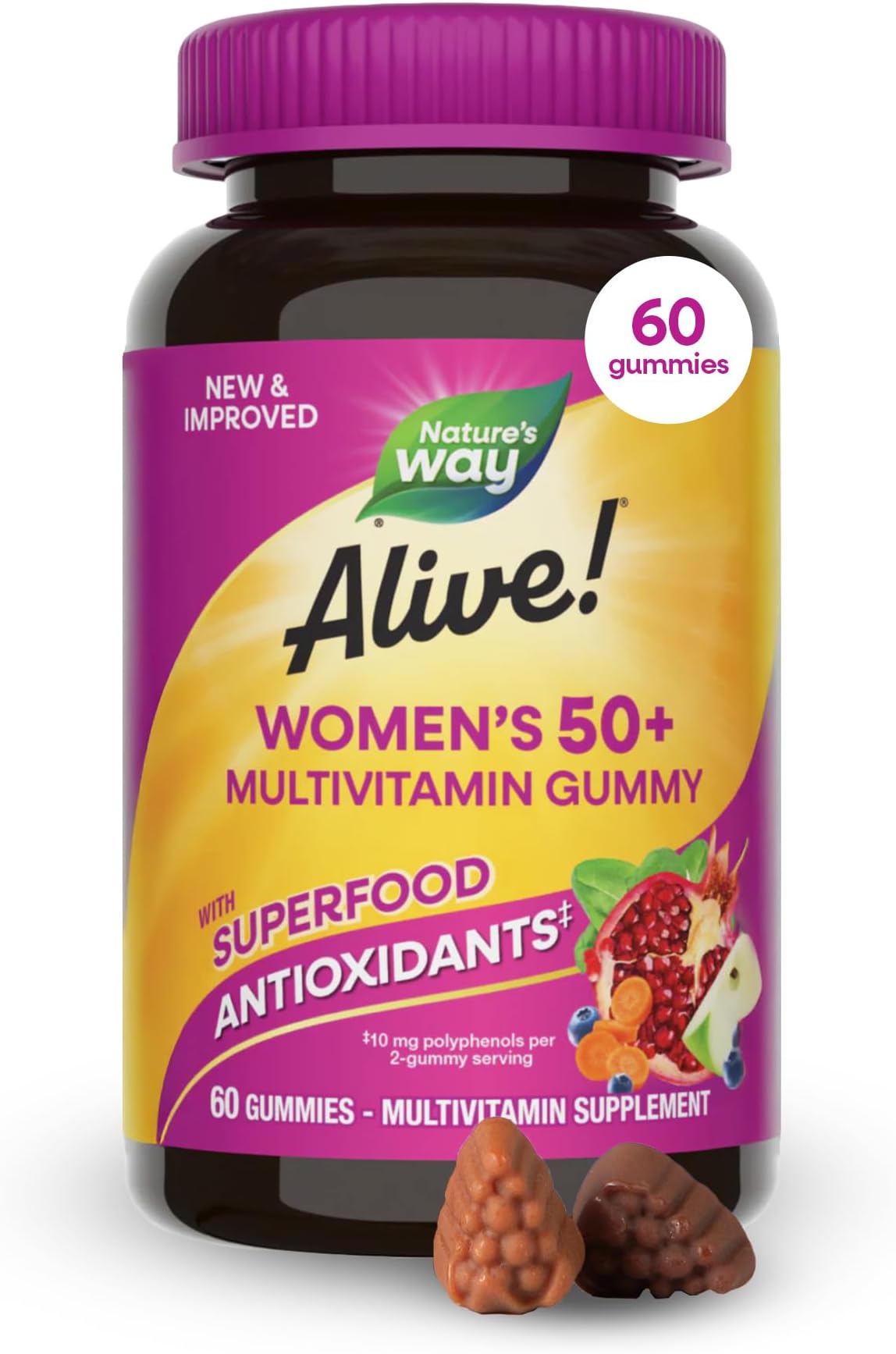 Nature's Way Alive! Womenโs 50 Plus Multivitamin Gummy, Daily Chewable Multivitamins with B-Vitamins, Vitamin D3, Calcium, Supports Heart, Brain & Bone Health,* Mixed Berry Flavored, 60 Count