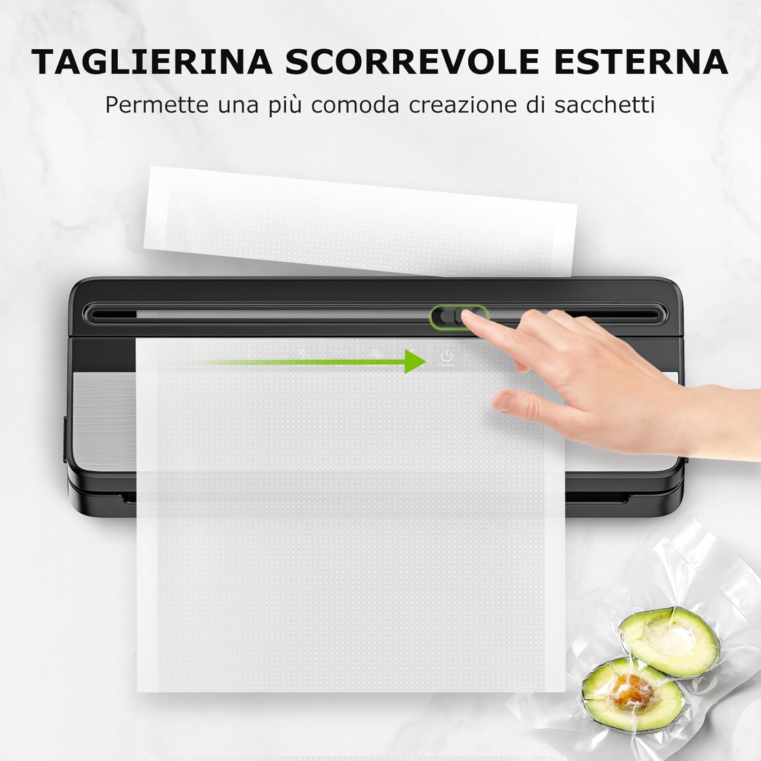 A hand demonstrating how to use the integrated cutter on the Bonsenkitchen VS3016 vacuum sealer to create a custom-sized bag.