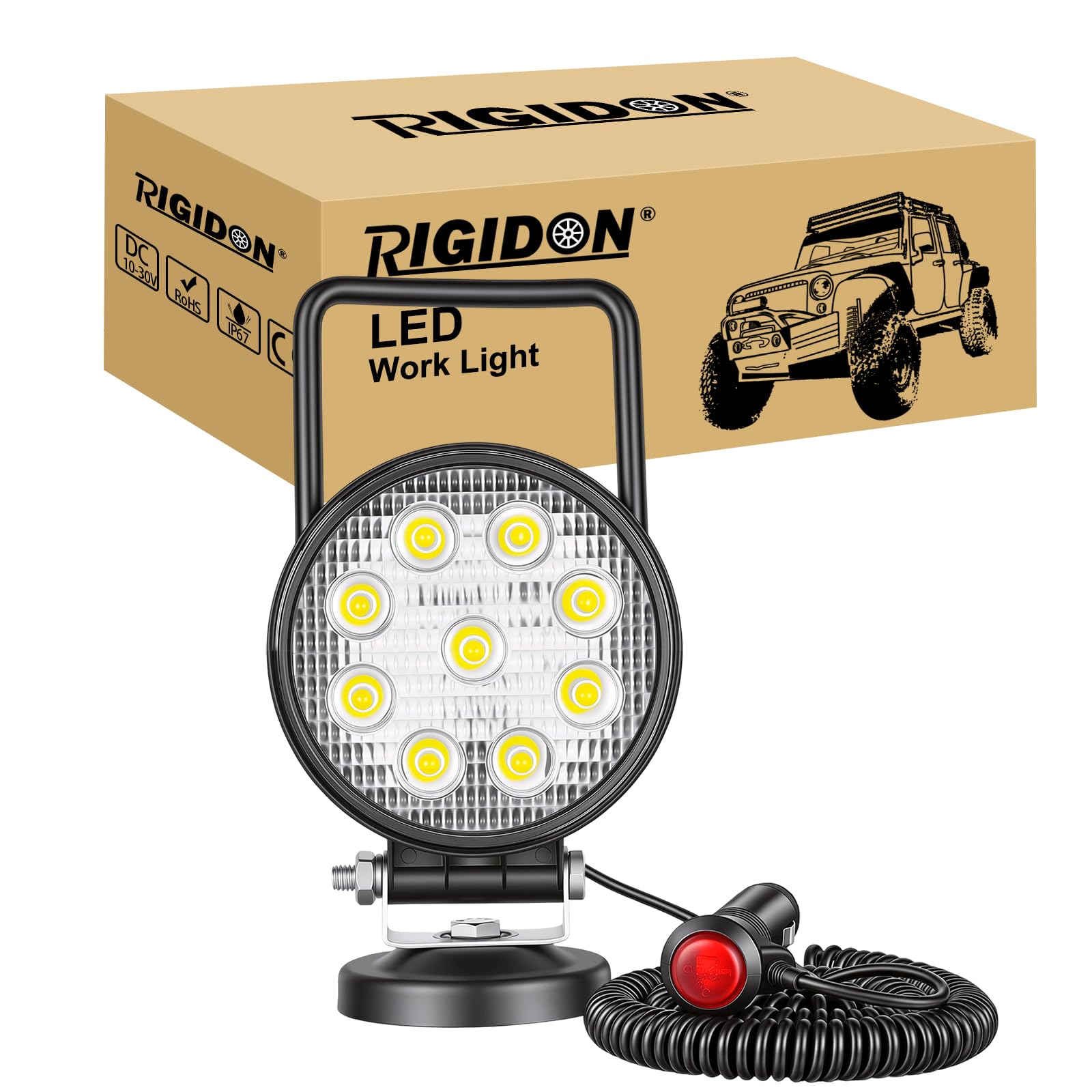RIGIDON Przenośna podstawa magnetyczna okrągła lampa robocza LED, 10 cm 27 W, wiązka powodziowa, 12 V 24 V, lampa do samochodów terenowych, ciężarówek, 4 x 4 SUV, ATV, ciągników, koparek, 6000 K,