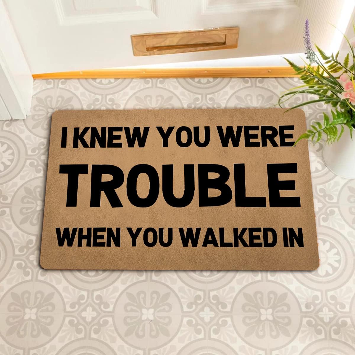 Funny Welcome Doormat Front Door Mats Indoor Entrance I Knew You Were Trouble When You Walked In Personalized Monogram Kitchen Rugs and Mats With Anti-Slip Rubber Back Novelty Gift Mat(23.7X15.9 in)
