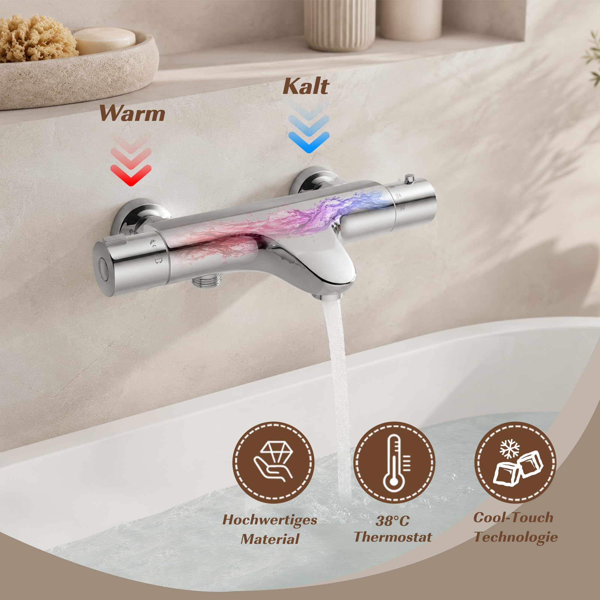 MORADO Thermostatischer Badewannenmischer, Wandmontage, Thermostat-Duscharmatur, Badewannenarmaturen mit 38 °C Sicherheitsschutz, Verbrühungsschutz, seitlicher Auslass, Badewannenauslauf, Chrom
