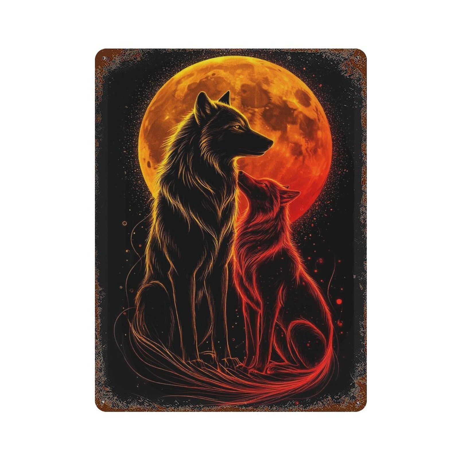 Wolves Under A Fiery Moon Retro Metal Sign 15.7"x11.8", Shabby Chic Decor for Garage, Pub Or Kitchen